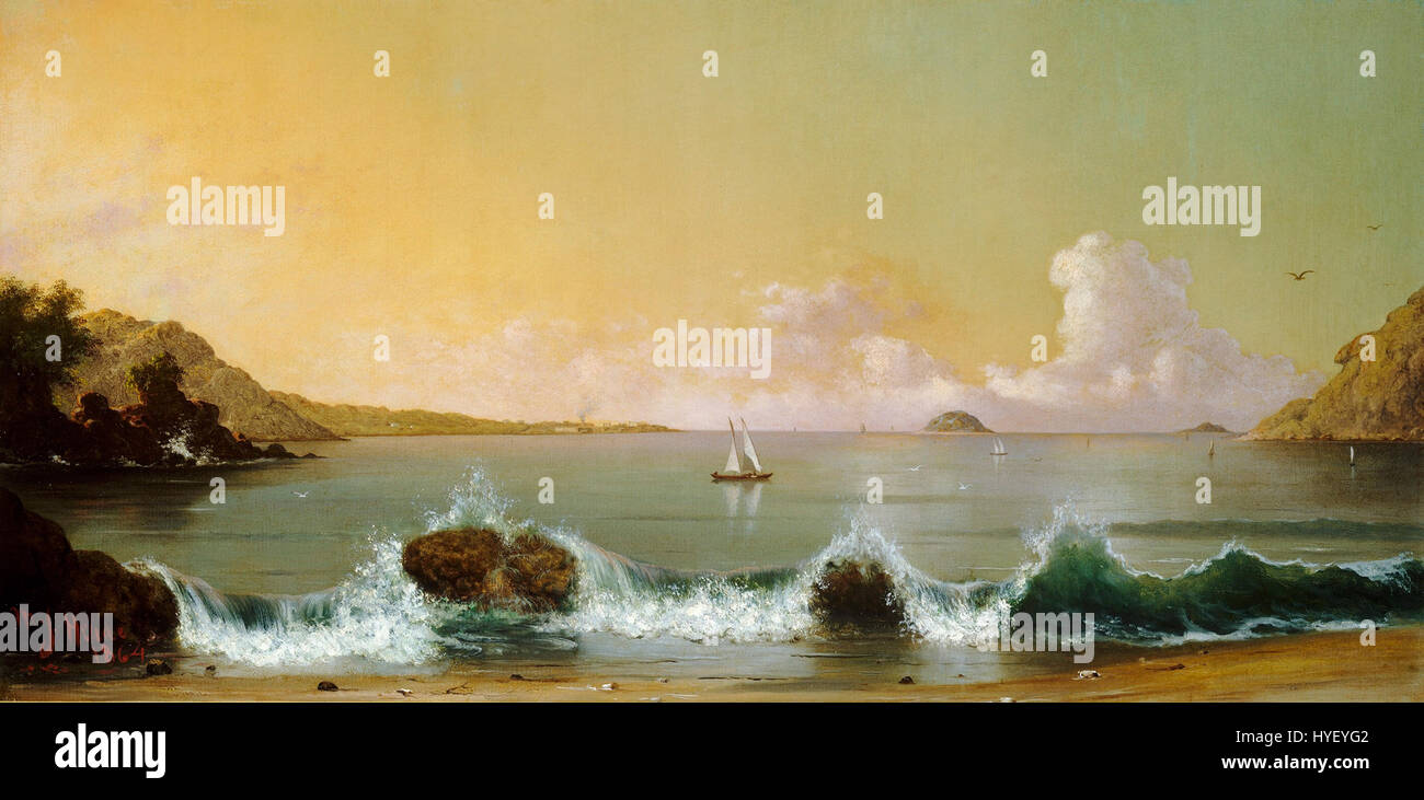 *Rio de Janeiro Bay* de Martin Johnson Heade (1864) est une peinture de paysage capturant la baie expansive et le paysage environnant. L’utilisation par l’artiste de la lumière et de la perspective atmosphérique crée une représentation sereine et détaillée de la côte brésilienne. Banque D'Images