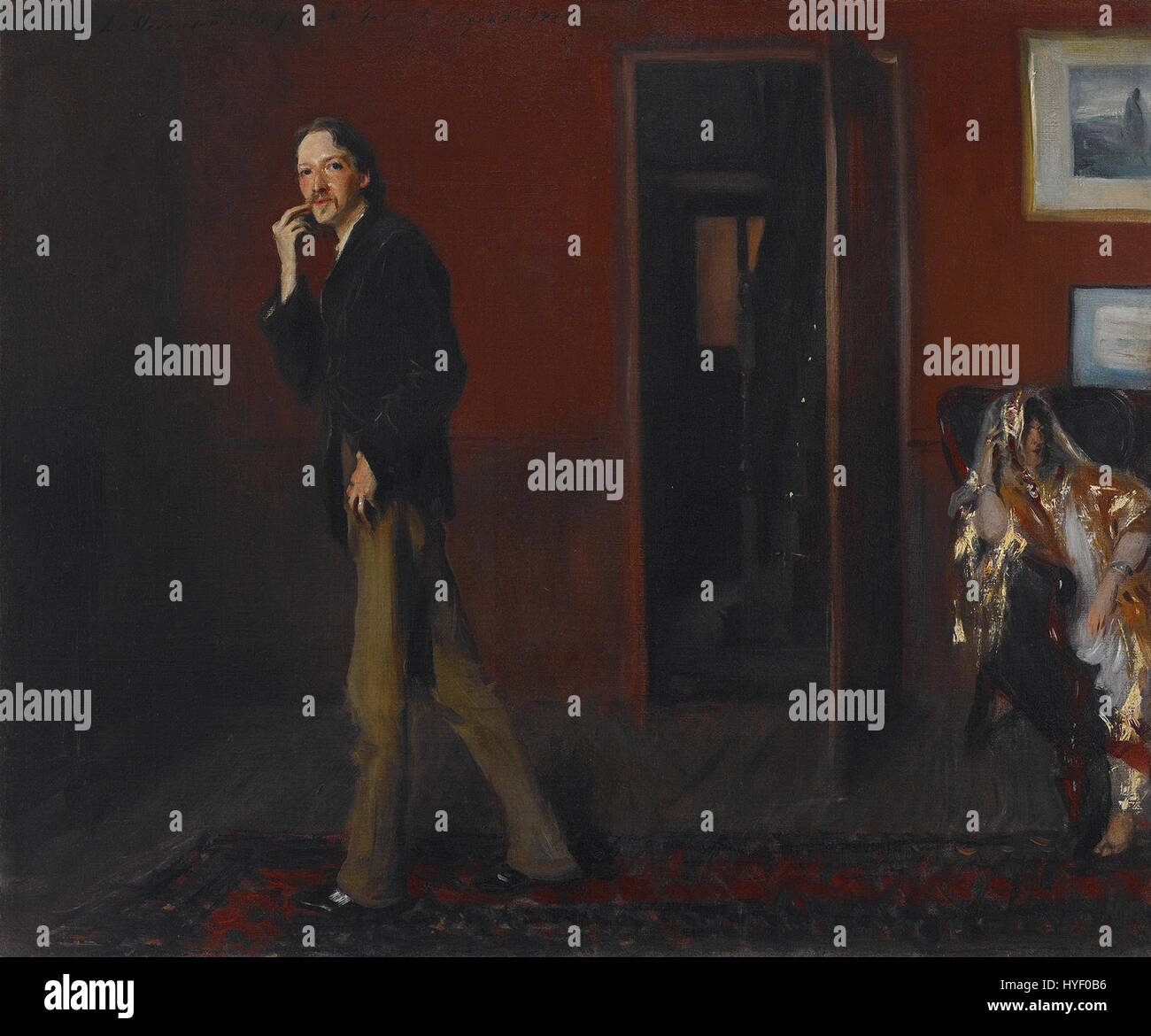 « Robert Louis Stevenson et sa femme » de John Singer Sargent est un portrait représentant le célèbre écrivain avec sa femme, mettant en valeur leur personnalité et le style portrait du XIXe siècle. Banque D'Images