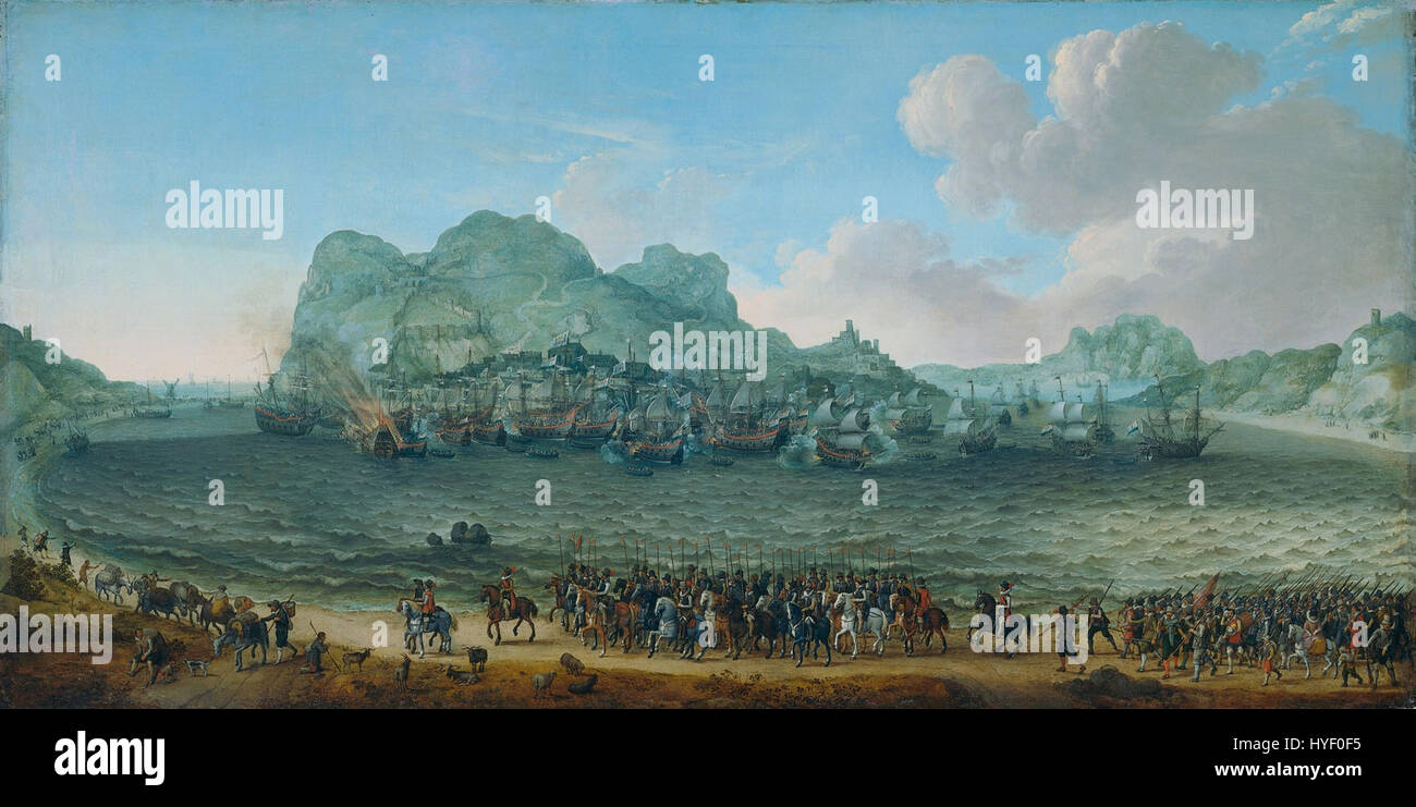 De overwinning op de Spanjaarden bij een porte Gibraltar vloot onder van conique Jacob van Heemskerck, 25 avril 1607 Victoire des Pays-Bas à la bataille de Gibraltar (Adam Willaerts, 1617) Banque D'Images