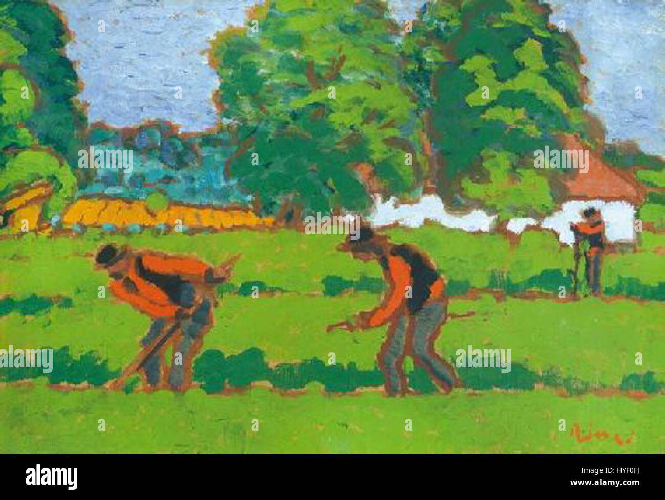 « Mowers in the Meadow » de Rippl représente la vie rurale, en se concentrant sur les ouvriers travaillant dans les champs. La peinture capture un moment de l'activité agricole, mettant en évidence le travail de fauchage du foin ou du grain dans une prairie luxuriante, offrant un aperçu de la vie rurale et du travail au XIXe siècle. Banque D'Images