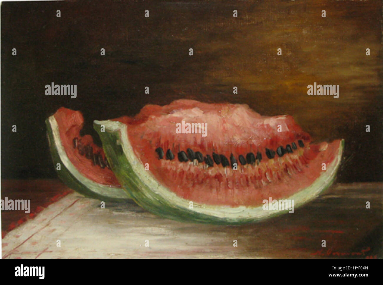 Natura statica Cu pepene (nature morte avec pastèque) de Nicolae Vermont est une peinture de nature morte capturant les couleurs et les textures vibrantes d'une pastèque et d'autres objets naturels, mettant en valeur l'habileté du Vermont dans la nature morte Banque D'Images