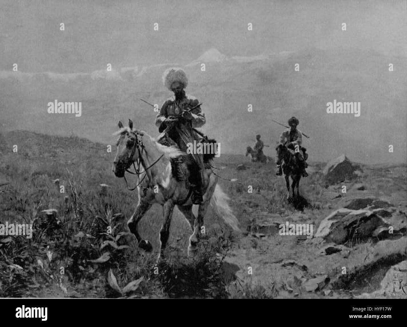 *Riders of the Caucasus* représente les cavaliers de la région du Caucase, en mettant l'accent sur l'importance culturelle des communautés arméniennes et kurdes de la région. L'œuvre met l'accent sur leurs fortes traditions d'équitation et d'identité culturelle. Banque D'Images