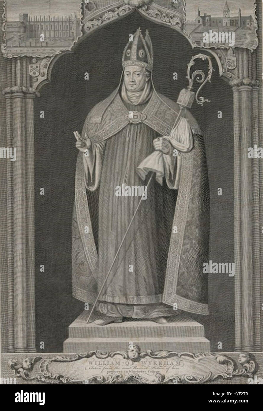 Cette gravure de Charles Grignion représente Guillaume de Wykeham, évêque anglais du XIVe siècle et fondateur du New College d'Oxford. L'œuvre souligne le rôle important de Wykeham dans l'enseignement anglais et ses contributions à l'architecture, en particulier dans la conception du New College et de la cathédrale de Winchester. Banque D'Images