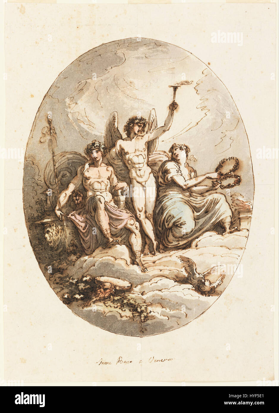 Le design de Felice Giani pour la décoration murale ou plafonnière met en scène Bacchus, Hymen et Vénus, des figures de la mythologie classique. L’œuvre reflète la maîtrise de l’artiste dans la création de compositions dynamiques pour la décoration intérieure, mêlant symbolisme mythologique et art décoratif, typique du style néoclassique en Italie. Banque D'Images