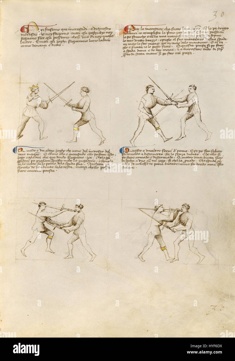 'Fiore dei Liberi combat with Sword' est une page manuscrite enluminée du manuscrit Getty, illustrant une technique médiévale de combat à l'épée. L'illustration fournit une vue détaillée des styles de combat du moyen âge. Banque D'Images