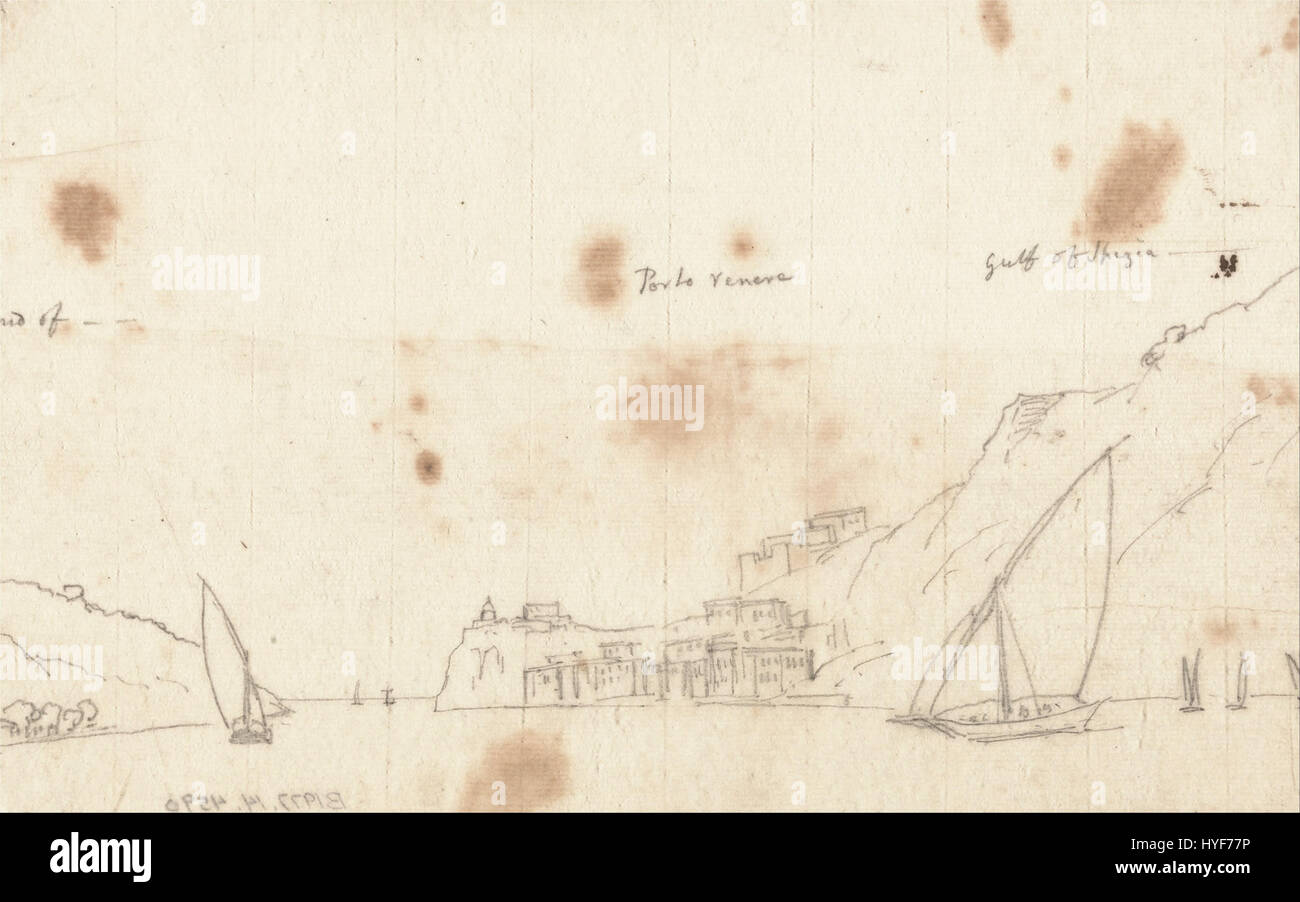 John Robert Cozens, peintre paysagiste anglais, est connu pour ses aquarelles évocatrices. Sa peinture Portovenere dépeint une scène côtière sereine en Italie, mettant en valeur sa maîtrise de la lumière, de la couleur et des effets atmosphériques. Banque D'Images