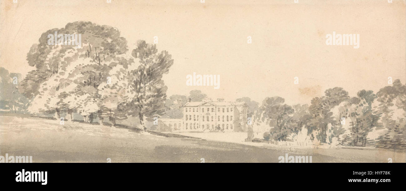 « Une maison géorgienne de trois étages dans un parc » de Joseph Mallord William Turner est une peinture de paysage qui représente une grande maison de trois étages située dans un parc. Turner est connu pour sa maîtrise de la lumière et de l'atmosphère, ce qui est évident dans cette œuvre à travers la représentation de la maison et de ses environs. Banque D'Images