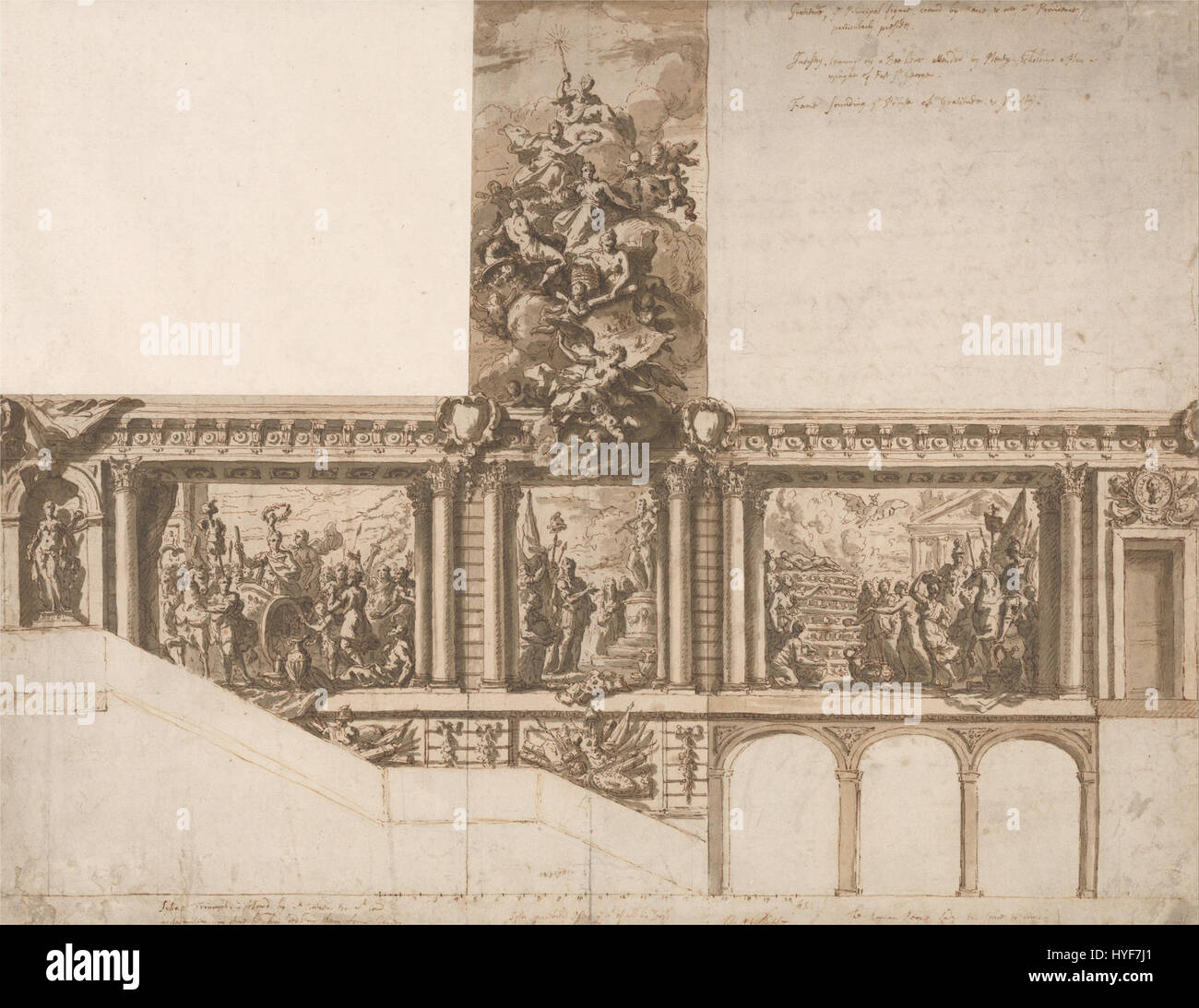 La conception de James Thornhill pour le plafond, les murs et l'escalier illustre le style baroque anglais, caractérisé par une ornementation élaborée et des compositions dynamiques. Son travail intègre architecture et art pour créer des environnements immersifs. Banque D'Images