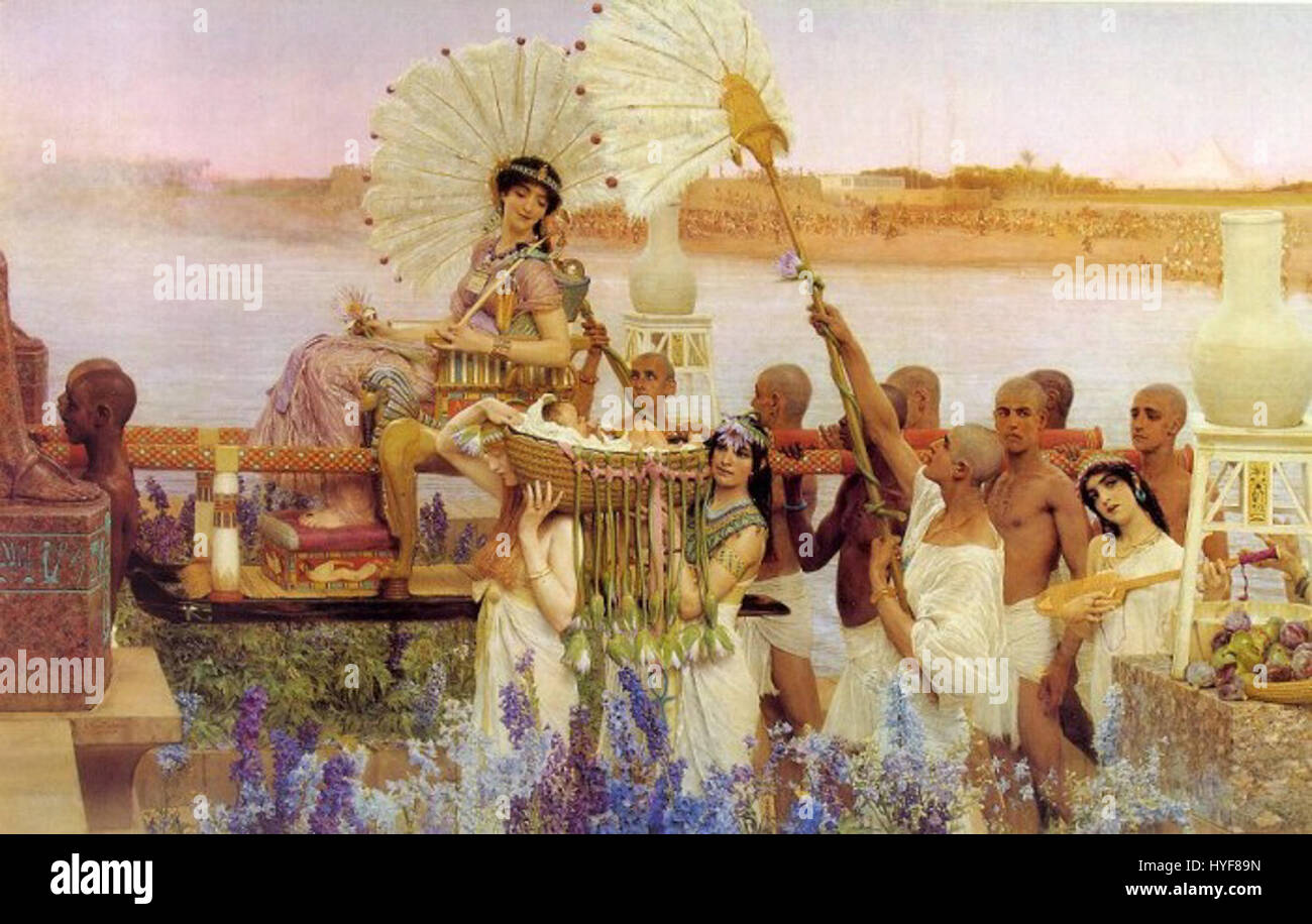 'The Finding of Moïse' de Lawrence Alma-Tadema est une peinture historique dramatique représentant l'histoire biblique de Moïse découvert dans le Nil par la fille du pharaon, mettant en valeur l'habileté de Tadema dans les thèmes classiques et les détails fins. Banque D'Images