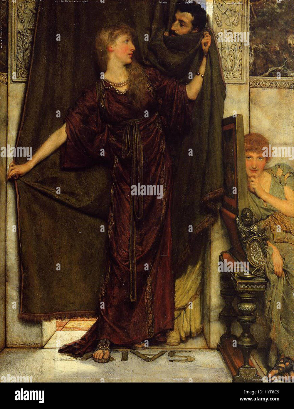 Lawrence Alma-Tadema 09 est probablement une peinture de l'artiste britannique Lawrence Alma-Tadema, connu pour ses représentations de l'antiquité classique. Ce travail particulier met l'accent sur la grandeur de l'architecture romaine antique et le luxe de la vie romaine, capturant une vue détaillée et romancée du passé. Banque D'Images