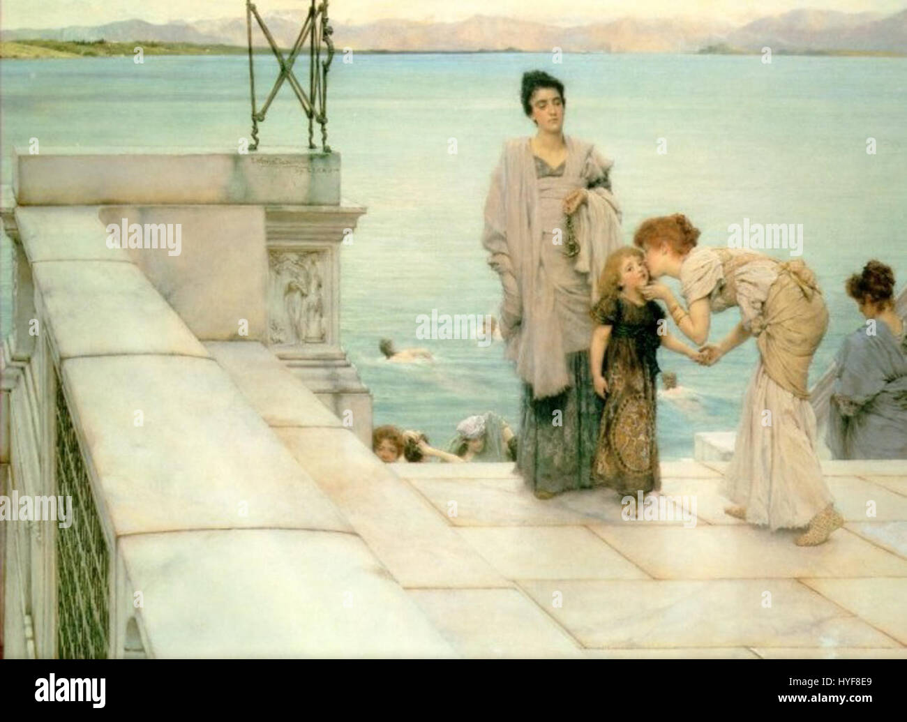 *Un baiser* de Lawrence Alma-Tadema est une peinture représentant un moment intime entre deux personnages dans un cadre classique. L’œuvre reflète le style signature de l’artiste, mêlant détails méticuleux et thèmes romantiques à l’antiquité classique. Banque D'Images