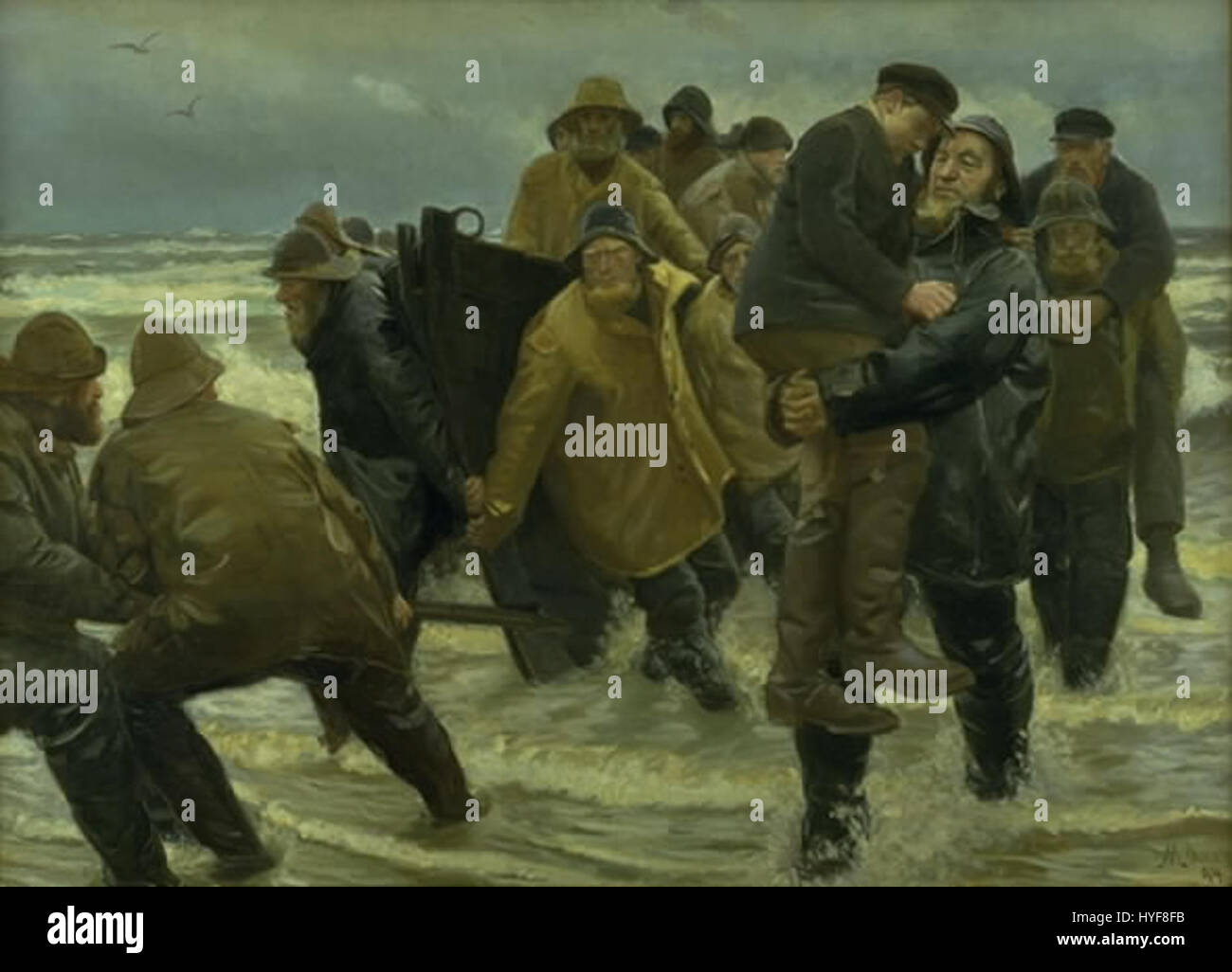 'Mandskabet reddet' de Michael Ancher dépeint une scène dramatique où un groupe de pêcheurs est sauvé du péril en mer. La peinture reflète l'accent mis par Ancher sur la vie difficile des pêcheurs danois et leur lutte contre les éléments. Banque D'Images