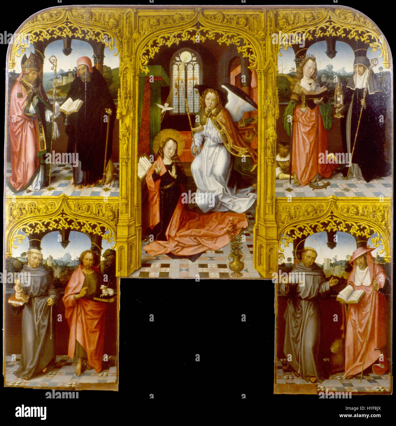L'Annonciation par le Maître de Saint Jean l'Evangéliste représente la scène biblique avec l'Archange Gabriel annonçant à la Vierge Marie qu'elle portera le fils de Dieu. L'œuvre comprend des figures de Saint Lazare, Antoine Abbé, Catherine d'Alexandrie, et d'autres, illustrant l'iconographie religieuse médiévale. Banque D'Images