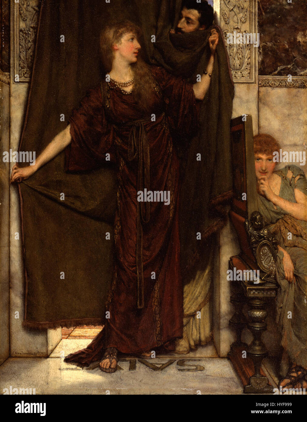 La peinture de Sir Lawrence Alma-Tadema « ma sœur n’est pas dans » dépeint une scène intérieure classique, typique de l’accent mis par l’artiste sur les détails complexes de la vie romaine antique. L’œuvre fait partie d’une collection distinguée, mettant en valeur son approche unique de la lumière et de la texture. Banque D'Images