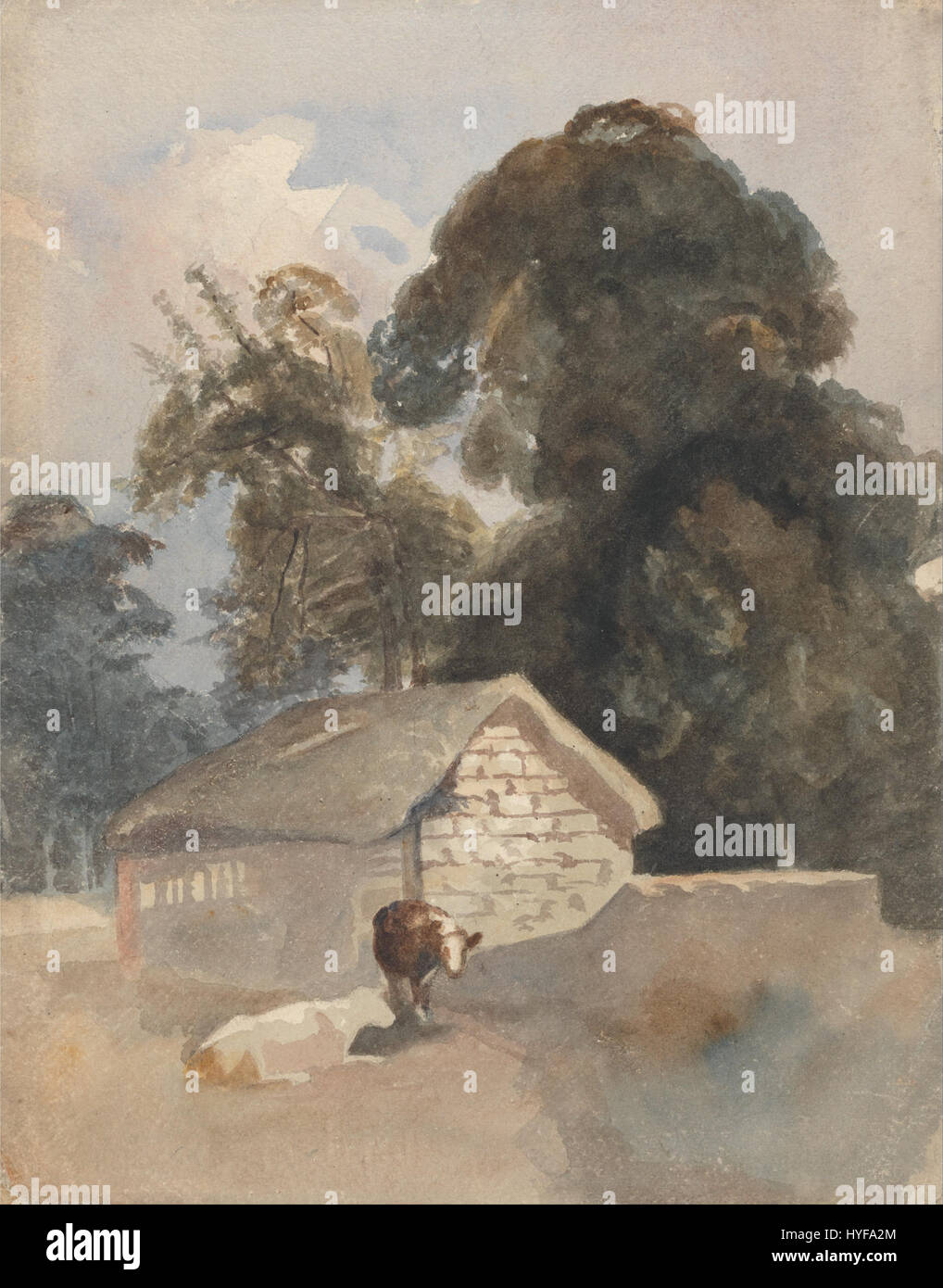 Peter DeWint (1784-1849) est un peintre paysagiste anglais connu pour ses scènes pastorales. « Paysage avec vaches et grange » représente un cadre rural serein, soulignant la maîtrise de DeWint dans la capture de la tranquillité de la campagne anglaise. Banque D'Images