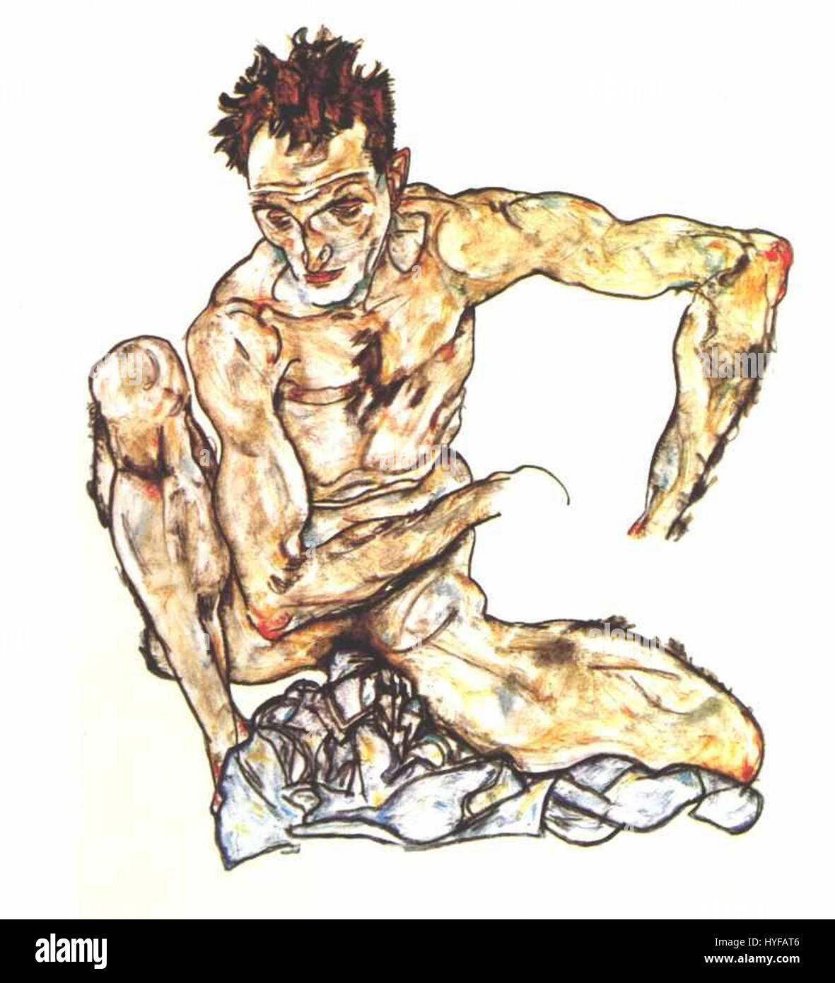 « Self-Portrait with Spread Arms » d'Egon Schiele est une œuvre saisissante de 1914 qui met en valeur son style expressionniste distinctif. La pose et le regard intense de la figure soulignent l'accent mis par Schiele sur la profondeur émotionnelle et la complexité psychologique des portraits. Banque D'Images