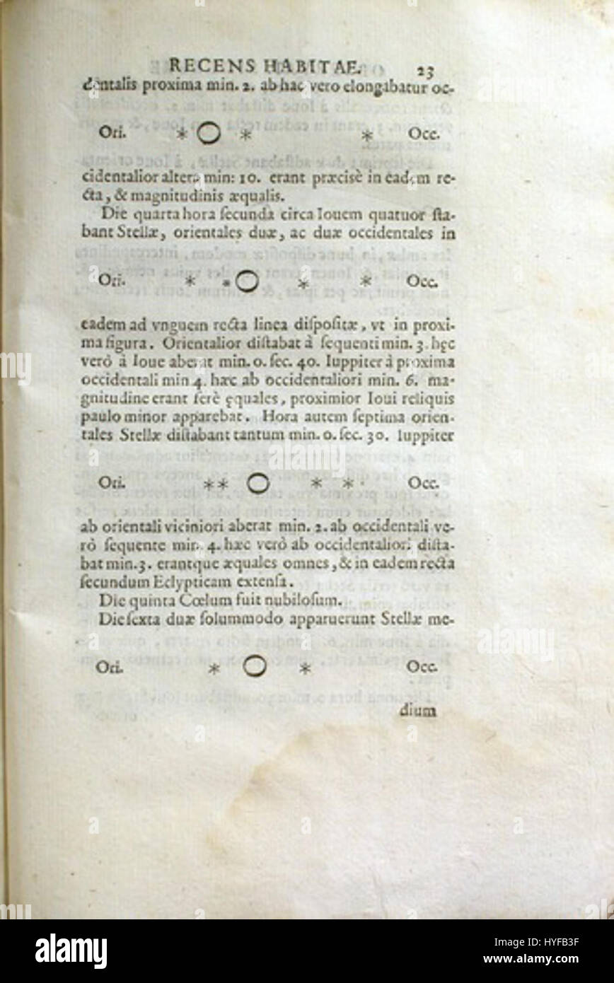 Sidereus Nuncius est la publication de Galileo Galilei en 1610 présentant ses observations télescopiques de corps célestes, y compris les étoiles médicéennes (lunes galiléennes de Jupiter), révolutionnant l'astronomie. Banque D'Images