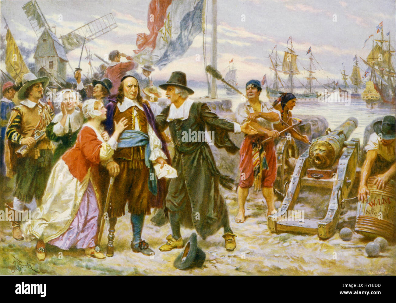 La chute de New Amsterdam représente l'événement historique de la reddition néerlandaise de la colonie aux Anglais en 1664, marquant un moment important dans l'histoire américaine. Banque D'Images