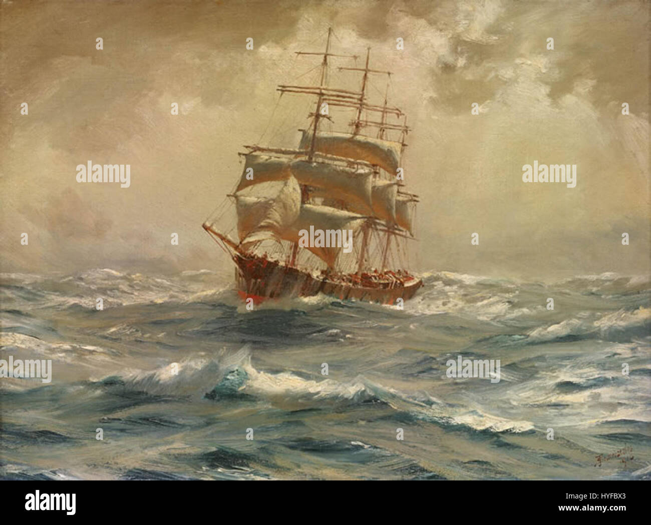 « A barque Running Before a Gale » de Thomas Somerscale représente une scène dramatique d'une barque naviguant avec le vent, naviguant dans une mer agitée. Cette peinture maritime souligne la puissance de la nature et les compétences requises pour naviguer dans des conditions difficiles. Banque D'Images