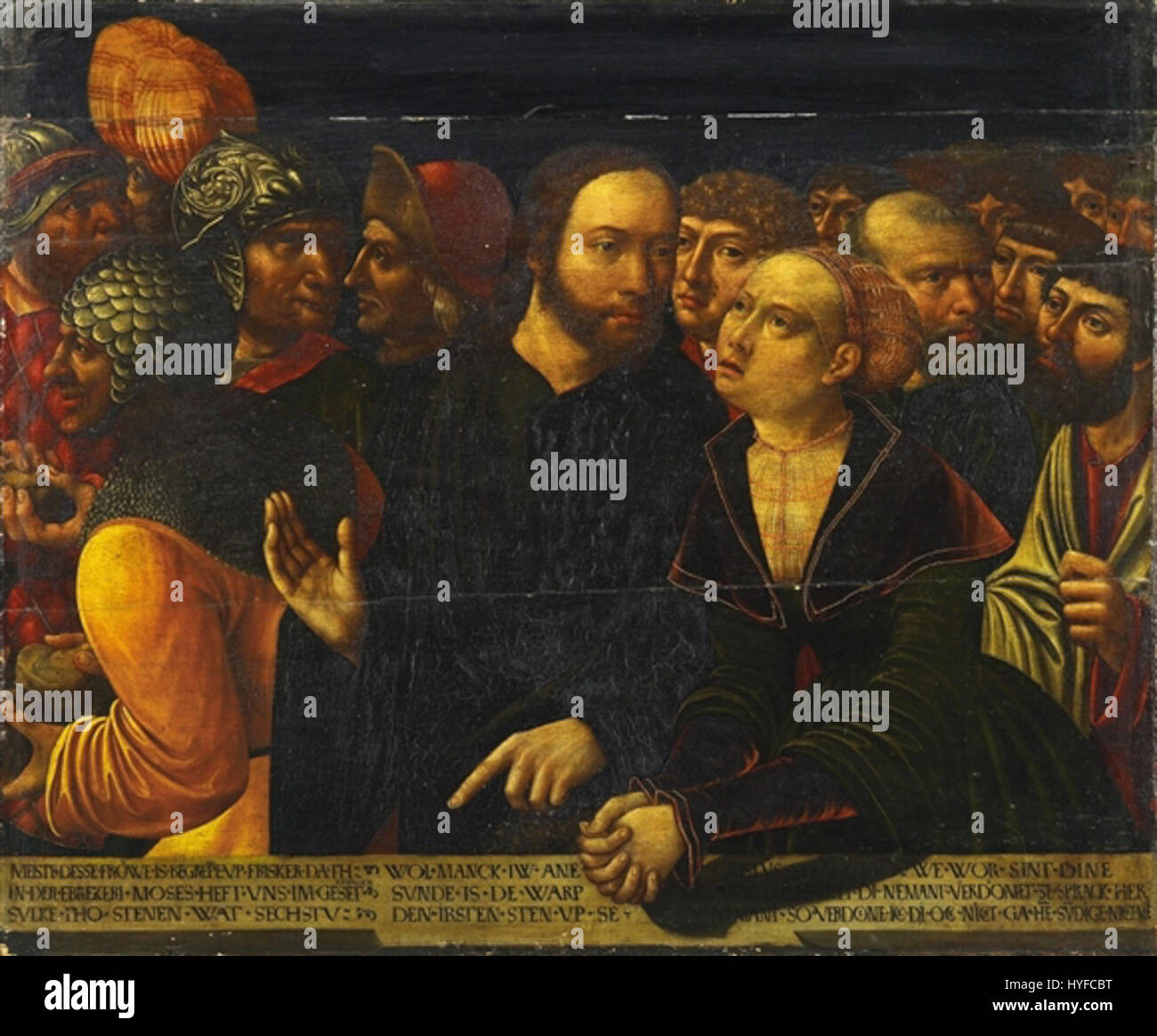 'Jesus und die Ehebrecherin' de W.P. Kemmer dépeint la scène biblique où Jésus pardonne à la femme prise dans l'adultère. Cette peinture capture un moment significatif du Nouveau Testament avec un accent sur la compassion et le pardon. Banque D'Images