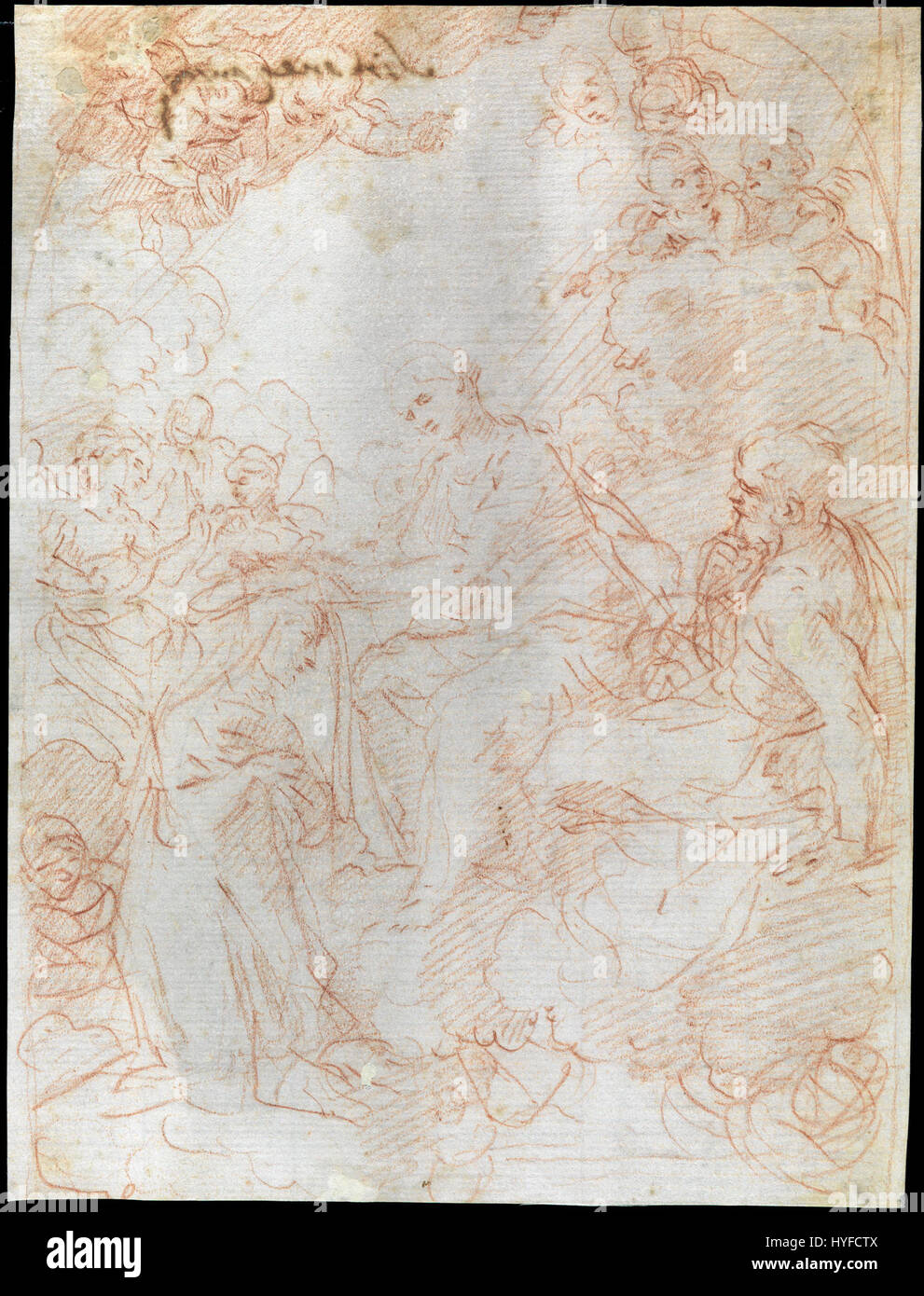 « A Virgem coroando uma Santa » de Simone Cantarini (la Vierge couronnant un Saint) est une peinture baroque italienne qui représente la Vierge Marie plaçant une couronne sur la tête d'un saint. L'œuvre illustre l'art religieux baroque, caractérisé par la profondeur émotionnelle et l'utilisation dramatique de la lumière et de l'ombre. Banque D'Images