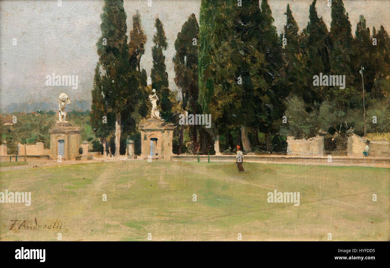 Cette peinture de Federico Andreotti représente Piazzale Poggio Imperiale, une place bien connue de Florence, en Italie, avec un accent sur l'architecture et le paysage de la région. Banque D'Images