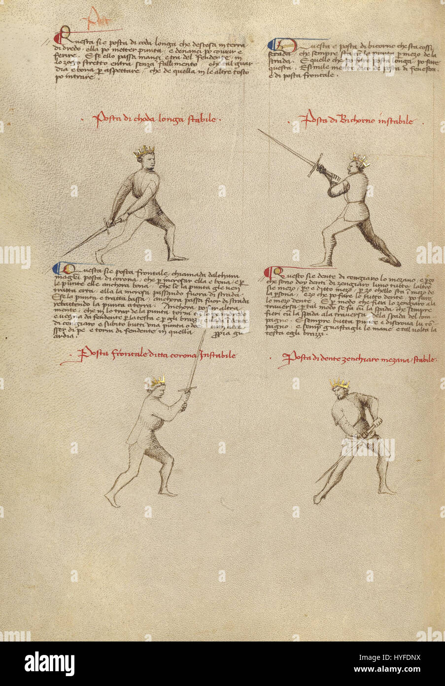 Le manuscrit de Fiore dei Liberi, conservé au Getty Museum, illustre les techniques de combat à l'épée médiévales, offrant des instructions détaillées sur les stratégies de combat du XIVe siècle. Cette page se concentre sur le jeu d'épée et les pratiques d'arts martiaux de la Renaissance italienne. Banque D'Images