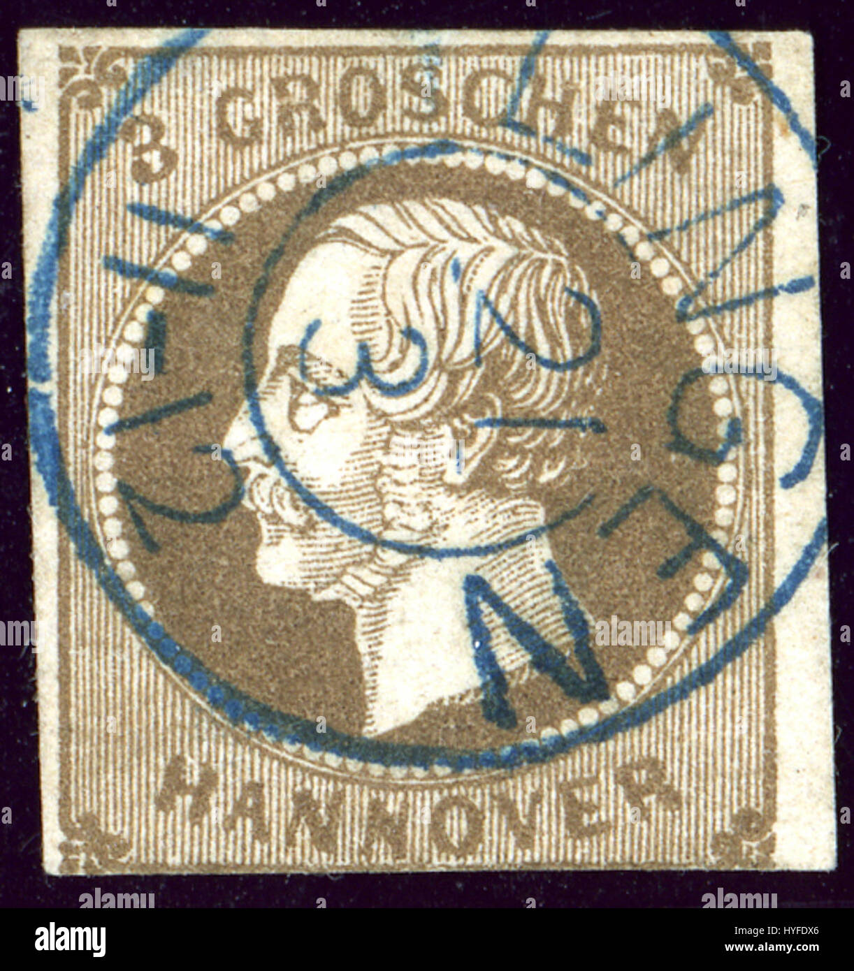 Ce timbre de la série Hanovre de 1861 présente un design classique reflétant l'histoire postale de la région, montrant l'importance des services postaux dans l'Europe du XIXe siècle. Banque D'Images