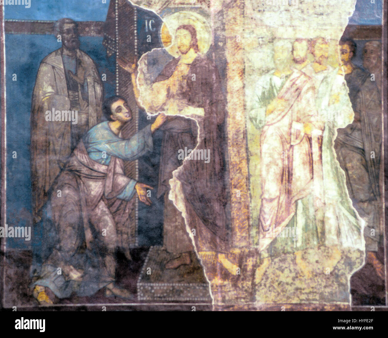Une représentation classique du doute de Thomas, illustrant le moment où Thomas touche les blessures du Christ pour confirmer sa résurrection, un moment clé de la théologie chrétienne. Banque D'Images
