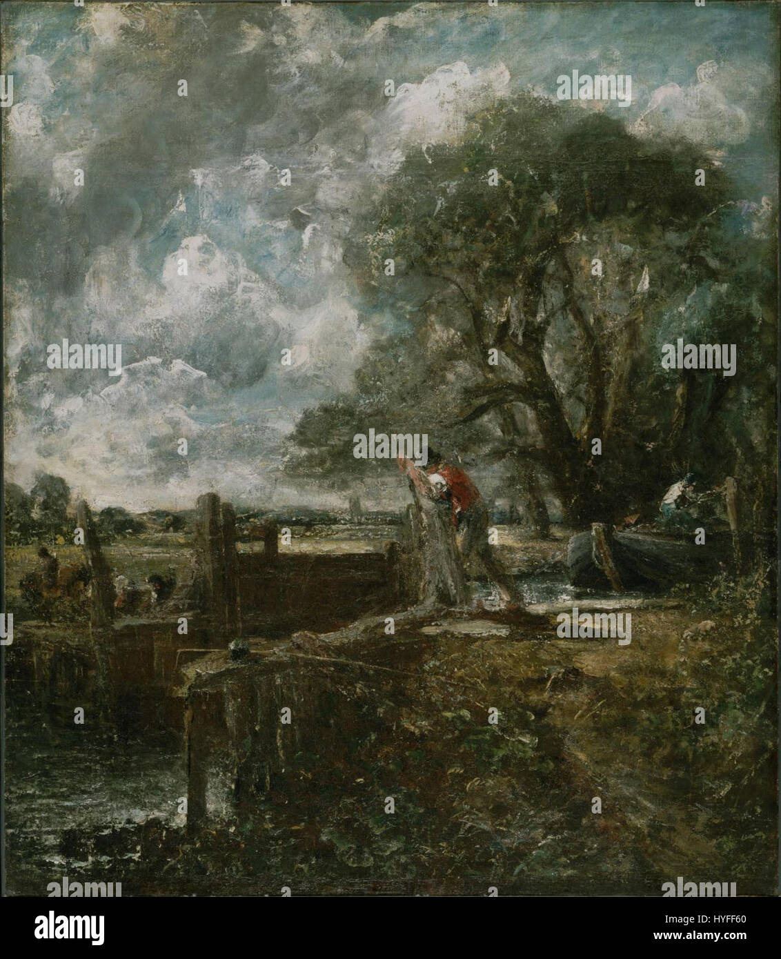 John Constable était un peintre paysagiste anglais connu pour ses représentations de la beauté naturelle de la campagne anglaise. Ses œuvres, en particulier 'The Hay Wain', mettent l'accent sur la vie rurale et l'environnement naturel, capturant la lumière et les conditions atmosphériques. Banque D'Images
