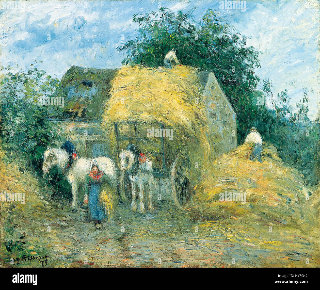 'The Hay Cart, Montfoucault' de Camille Pissarro capture une scène rurale en France, avec un chariot transportant du foin à travers la campagne, reflétant l'intérêt de l'artiste pour le travail rural et le paysage. Banque D'Images