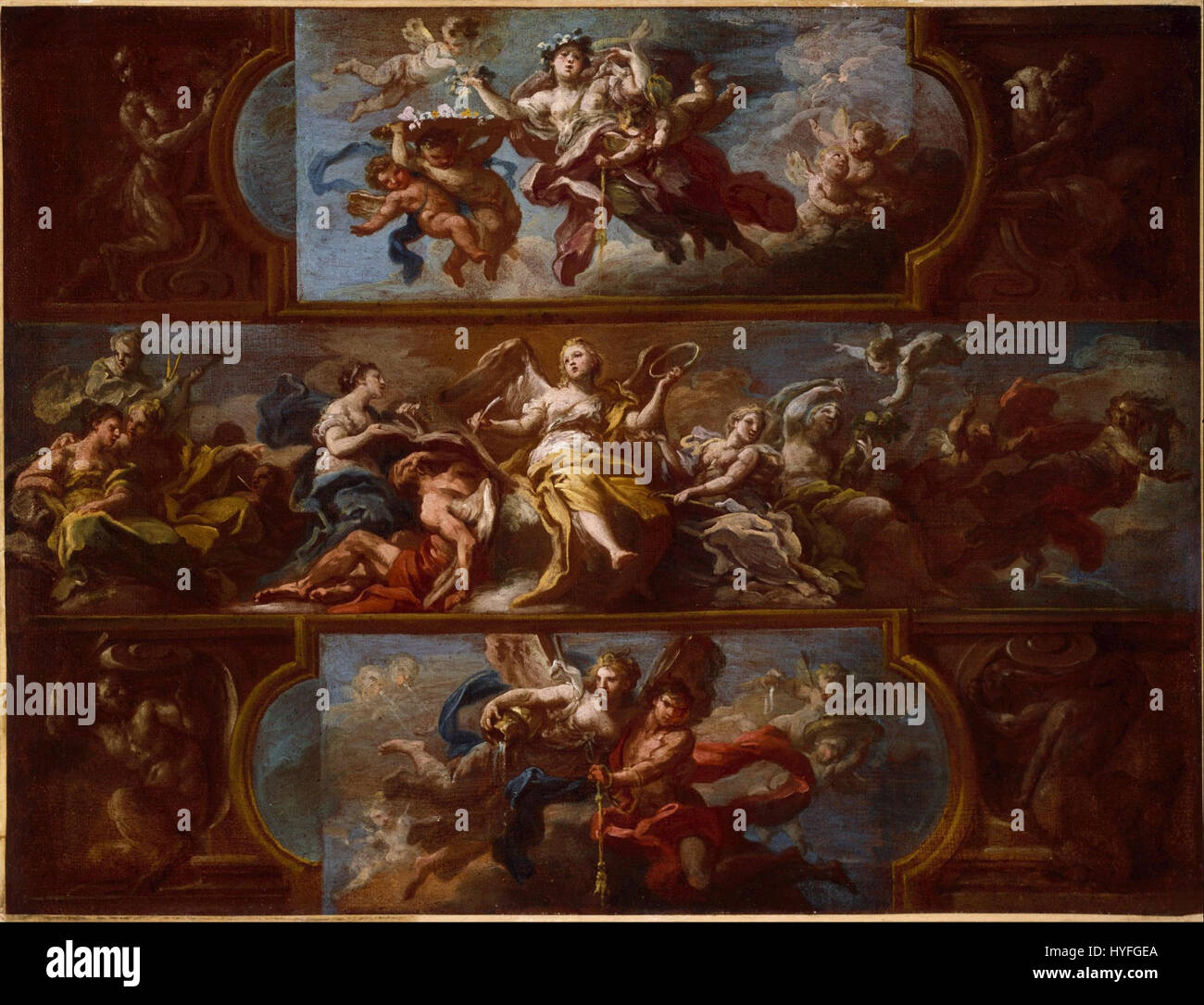 « Allegory » de Sebastiano Conca est une peinture baroque, mettant en valeur la capacité de l'artiste à représenter des idées abstraites à travers des figures symboliques et des images vives. Il capture des thèmes couramment trouvés dans les récits religieux ou mythologiques. Banque D'Images