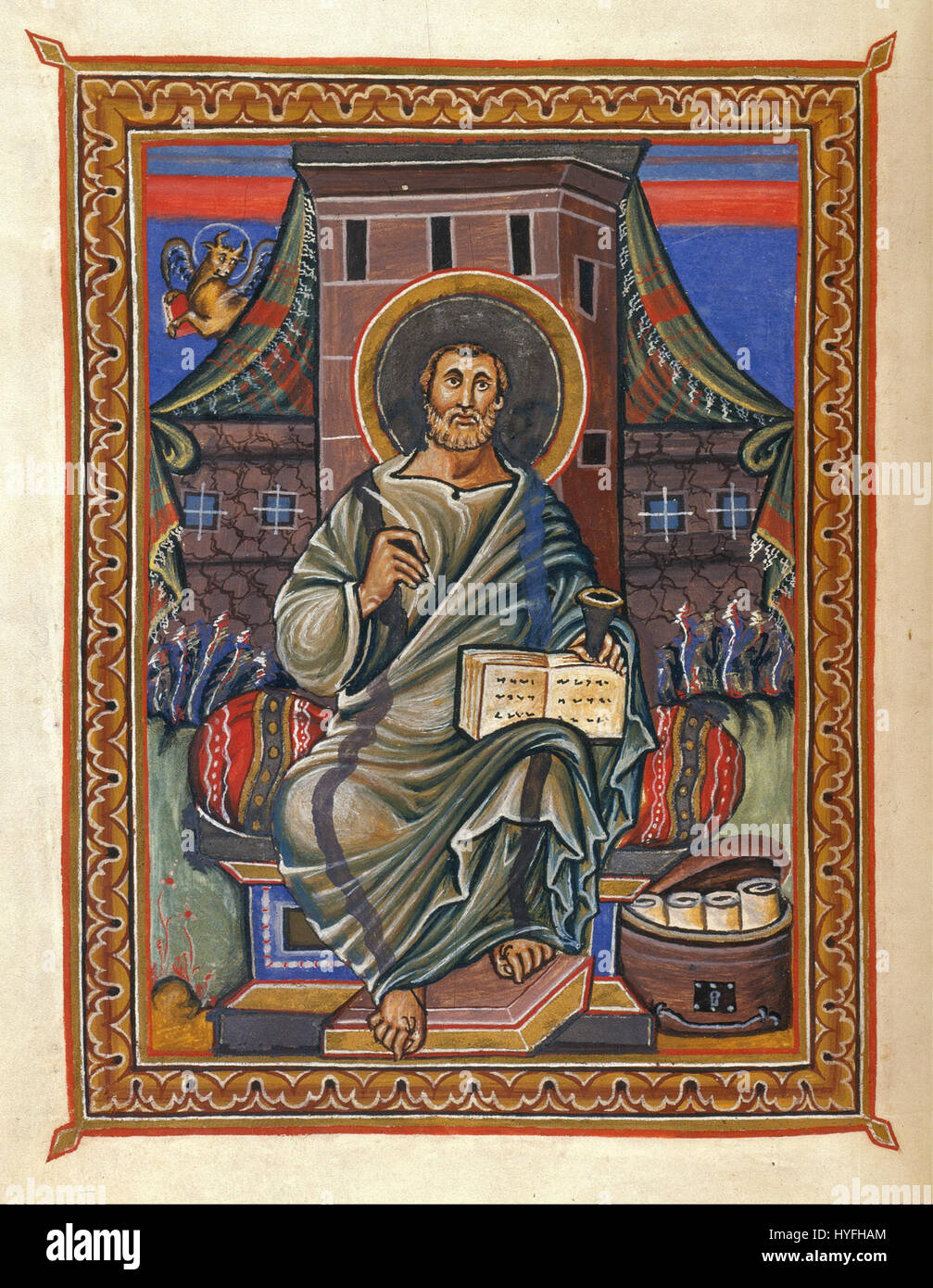L'évangéliste Luc est traditionnellement représenté comme l'un des quatre auteurs des Évangiles dans la Bible chrétienne. Les représentations artistiques le montrent souvent avec un symbole du bœuf, associé à son rôle d’écrivain évangélique. Banque D'Images