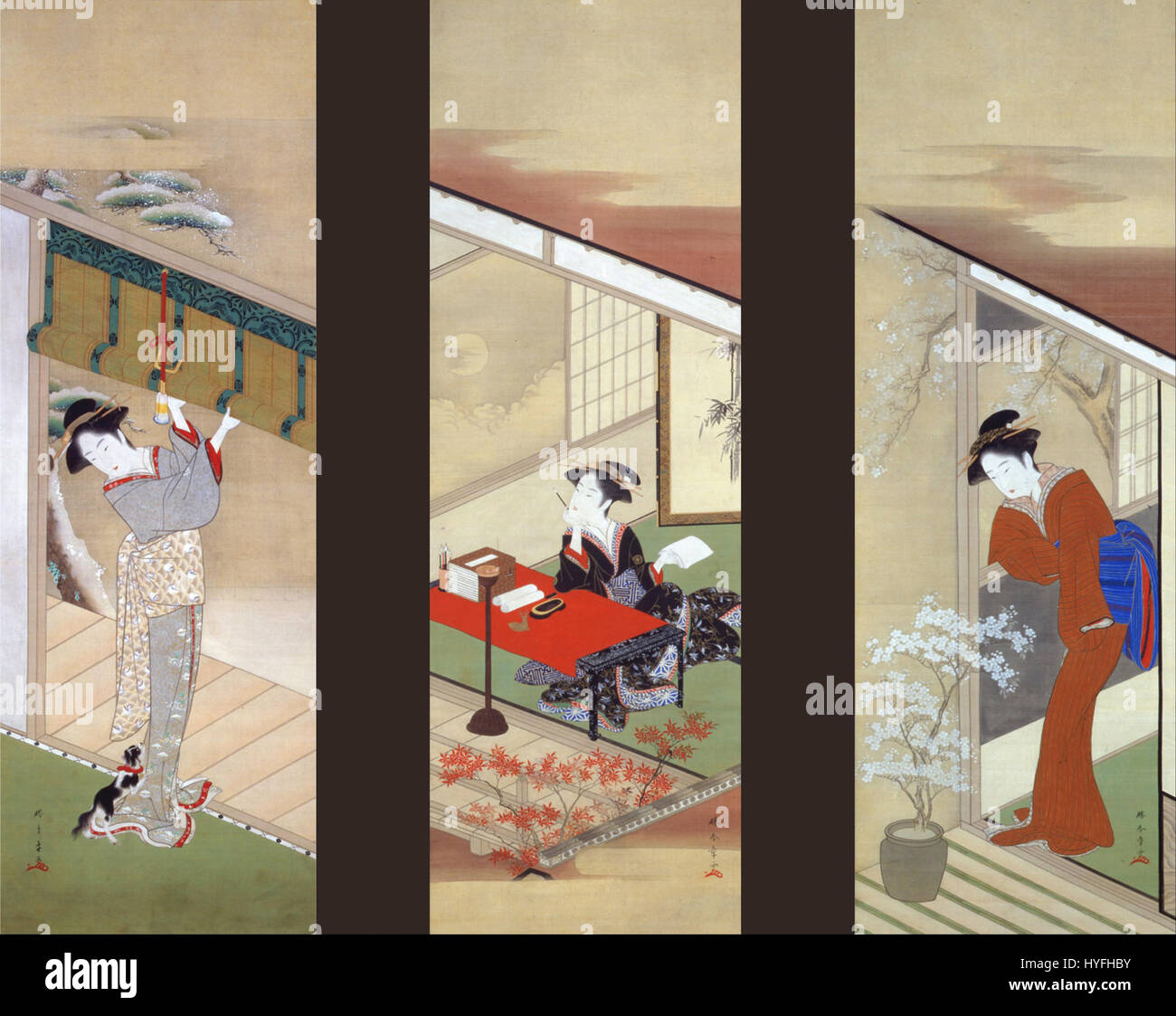 *Women in Seasons of Snow, Moon and Flower* de Katsukawa Shunsho capture la beauté délicate des femmes japonaises au fil des saisons changeantes. La pièce mélange des éléments naturels avec des figures gracieuses, reflétant l'élégance de l'ukiyo-e de l'époque Edo C'est une œuvre par excellence pour les collectionneurs de gravures sur bois japonaises et ukiyo-e. Banque D'Images