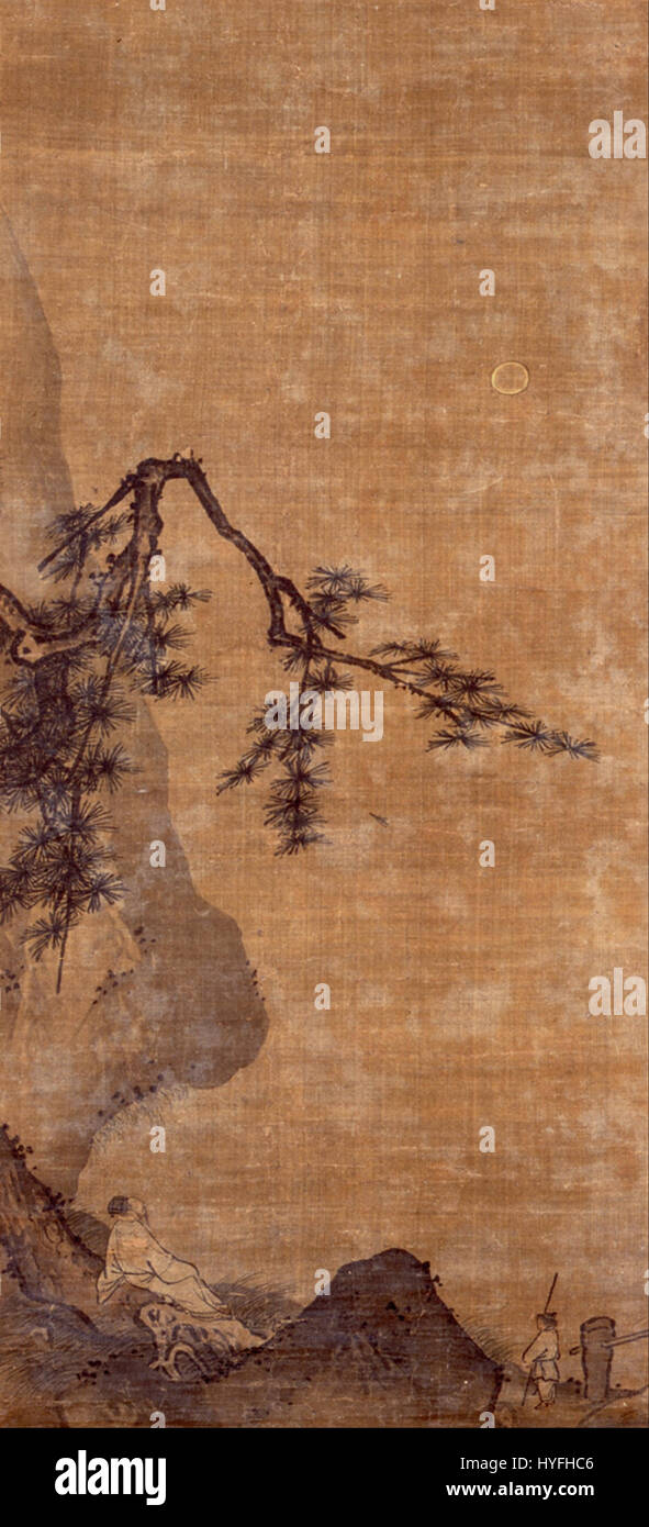 Cette peinture traditionnelle chinoise, attribuée à ma Yuan, représente un gentleman observant la lune. Connu pour ses peintures de paysages et de figures, le travail de ma Yuan transmet la tranquillité et un lien entre la nature et l’humanité. Banque D'Images