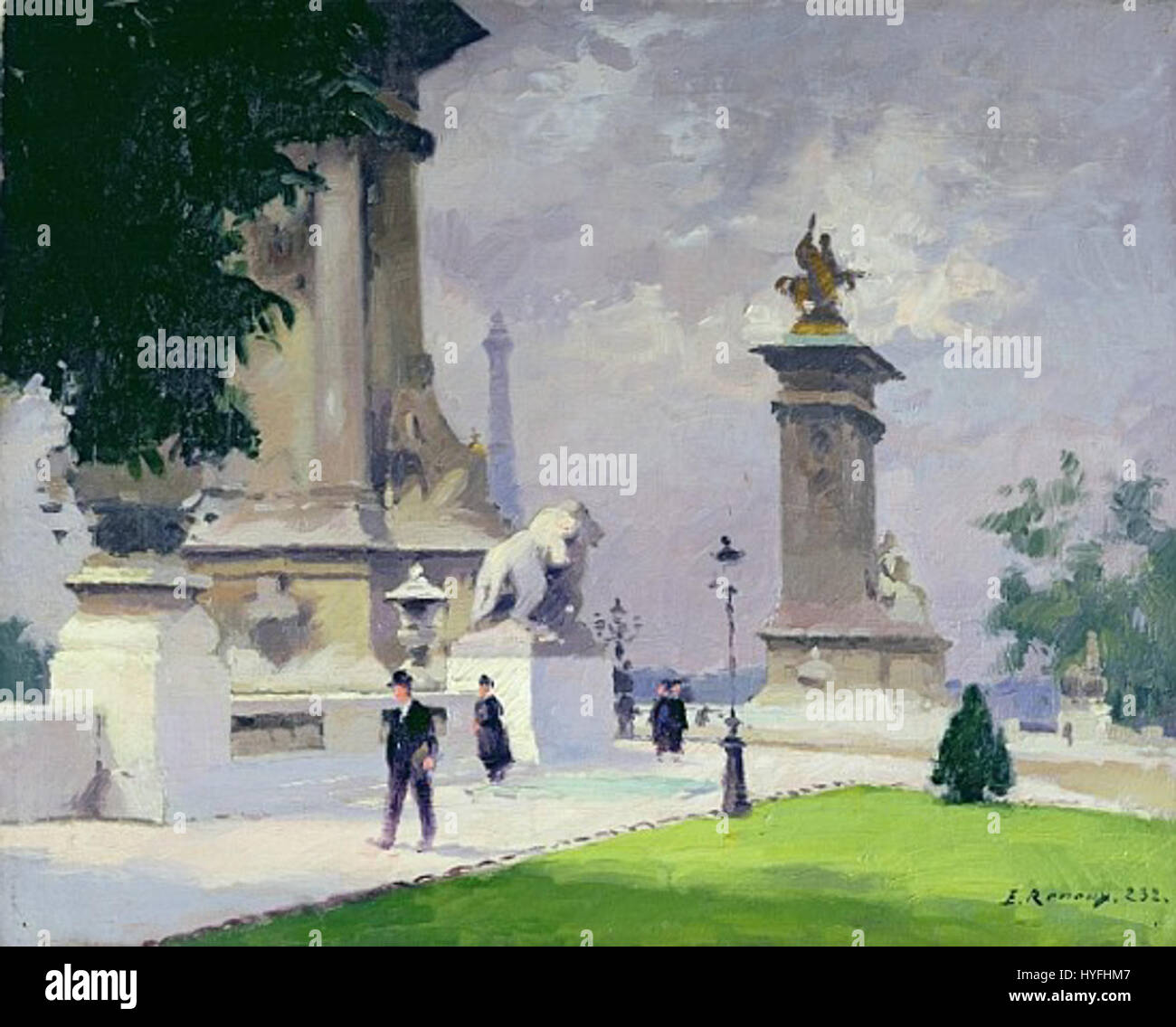 La représentation du Pont Alexandre III par Jules Ernest Renoux capture la grandeur et la beauté architecturale de l’un des ponts les plus emblématiques de Paris. La peinture souligne son design complexe et le paysage parisien environnant. Banque D'Images