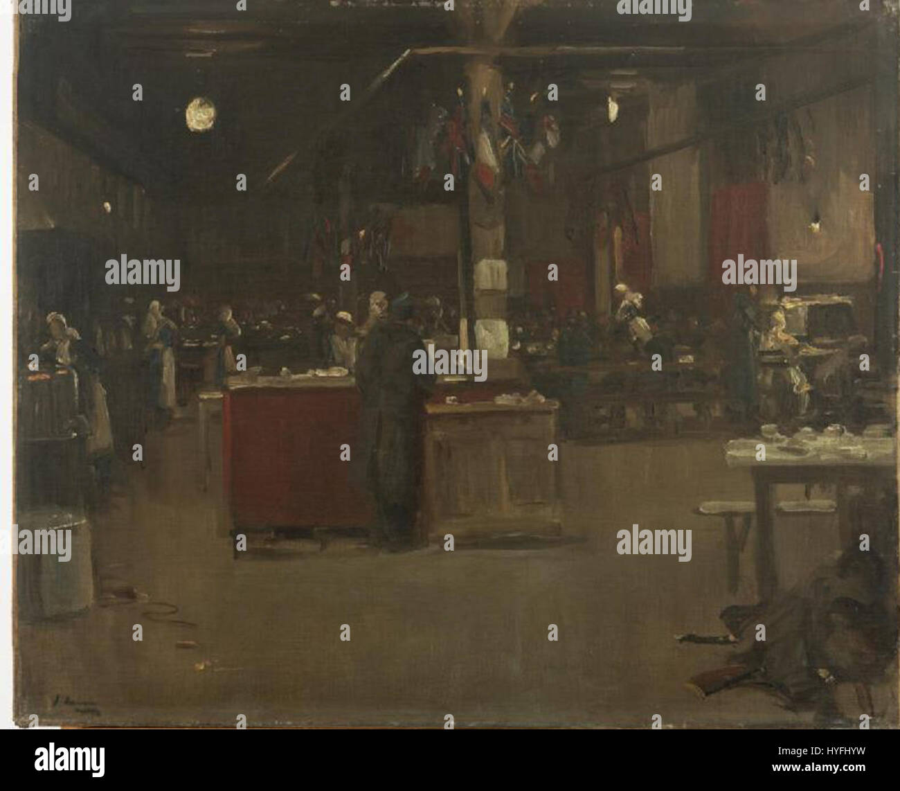 *The Women's Emergency Canteen* (1919) de John Lavery représente des femmes servant dans une cantine à la Gare du Nord à Paris, apportant un soutien crucial aux soldats pendant la première Guerre mondiale. Le tableau souligne le rôle important joué par les femmes sur le front intérieur pendant la guerre. Banque D'Images