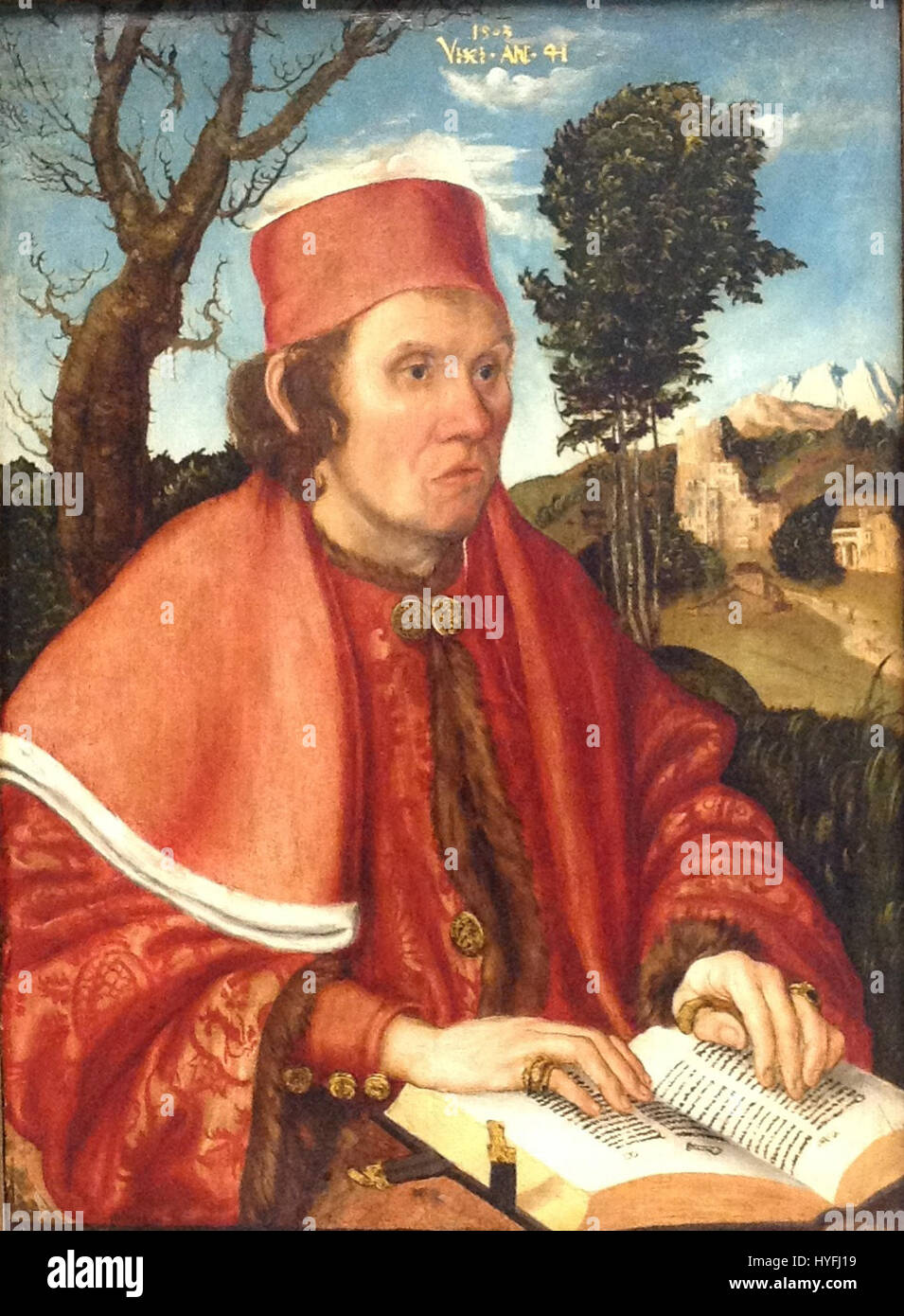 Ce portrait de Lucas Cranach l'ancien met en vedette le Dr Johann Stephan Reuss, érudit et juriste. La maîtrise de Cranach dans la représentation de figures intellectuelles met en évidence sa capacité à mélanger le portrait avec des éléments symboliques de sagesse et de connaissance. Banque D'Images