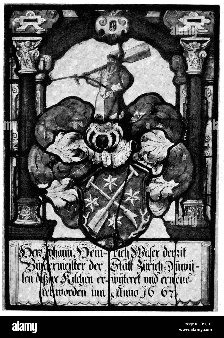 La fenêtre ecclésiastique d'Otelfingen de 1667 est un vitrail qui met en valeur des thèmes religieux, typiques de l'art baroque, utilisés dans la décoration des églises et cathédrales en Suisse. Banque D'Images