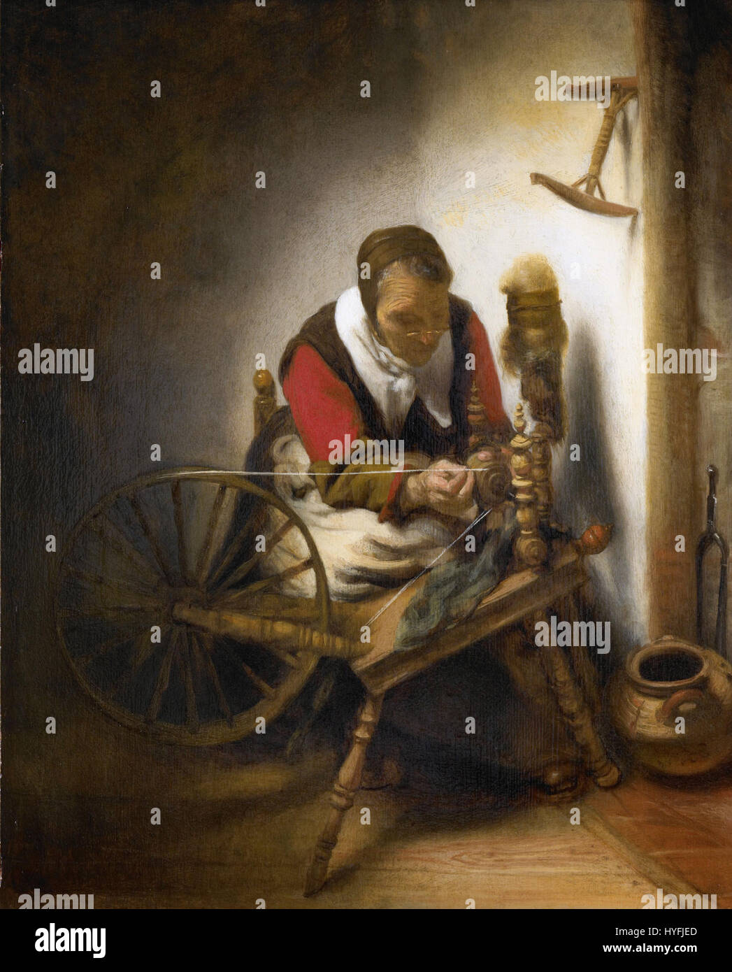 Nicolaes Maes était un peintre baroque néerlandais connu pour ses portraits et ses scènes de genre. Ce travail illustre son habileté à capturer des moments intimes et des expressions détaillées de personnages. Banque D'Images