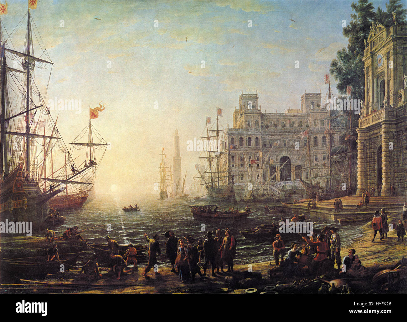 Nicolas Poussin et Claude Lorrain étaient des peintres français du XVIIe siècle connus pour leurs paysages classiques. Les œuvres de Lorrain se caractérisent par des représentations idéalisées de la nature, incorporant souvent l’interaction de la lumière et de l’atmosphère pour créer des scènes sereines et harmonieuses. Banque D'Images