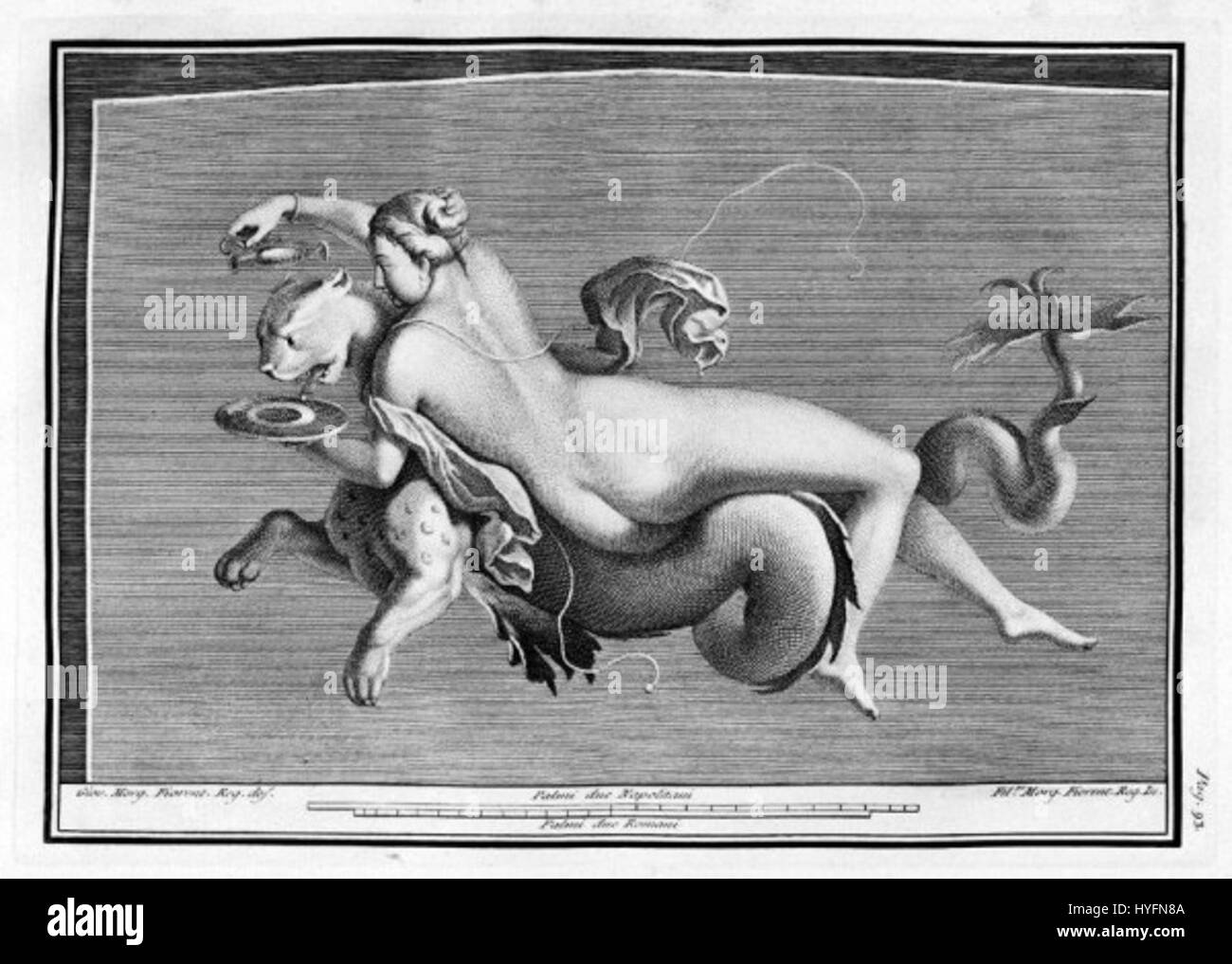 Cette ancienne fresque romaine de Villa Arianna à Stabiae représente un Néréide chevauchant une panthère, mettant en valeur des thèmes mythologiques et l'utilisation de couleurs vives. La fresque est un exemple notable de mythologie romaine Banque D'Images