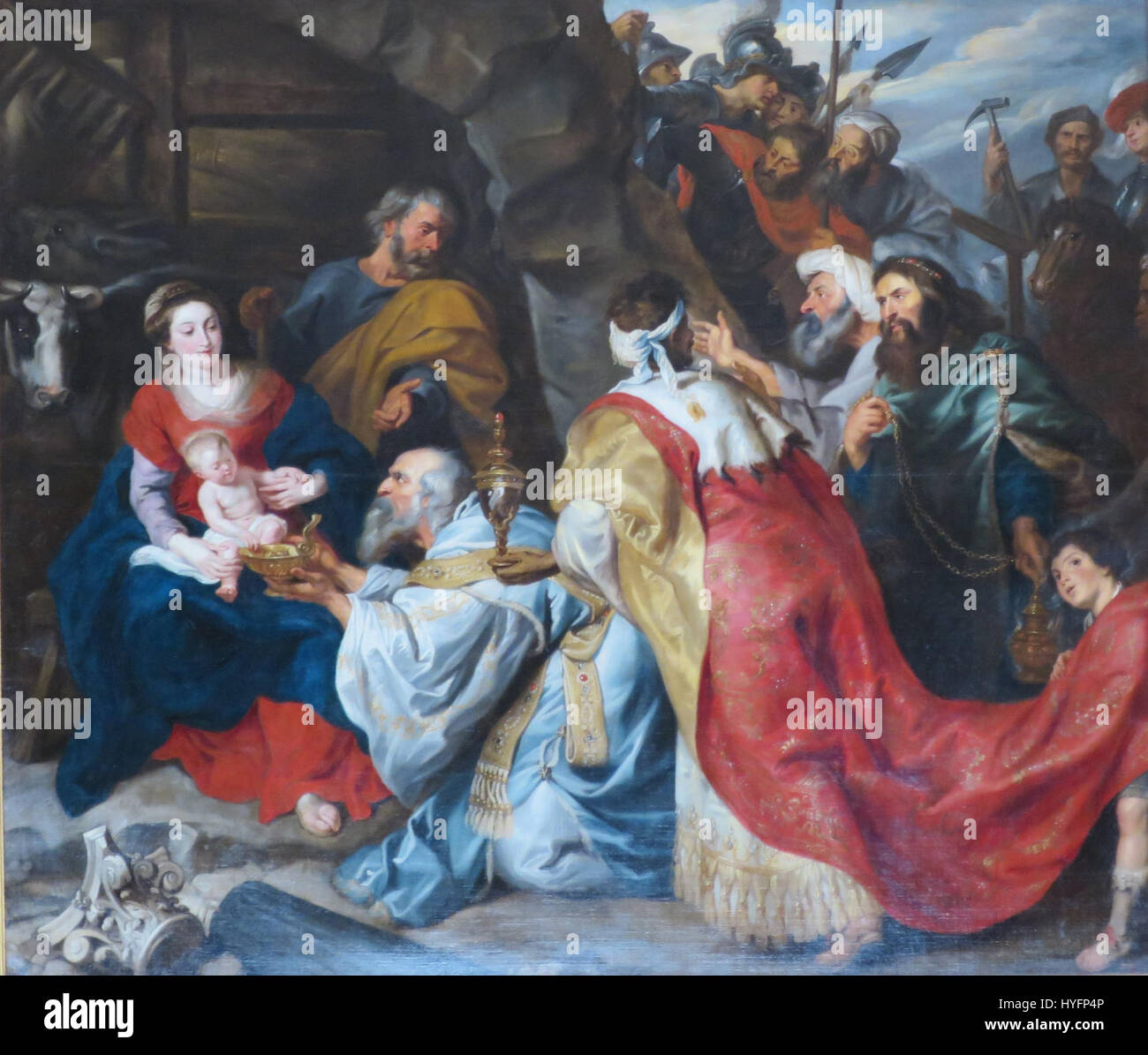 L'Adoration des Mages par l'atelier de Pierre Paul Rubens est un chef-d'œuvre baroque représentant les trois Rois présentant des cadeaux à l'enfant Jésus. La peinture capture l’opulence et la profondeur émotionnelle caractéristiques du style de Rubens, mettant l’accent sur le mouvement et la grandeur. Banque D'Images
