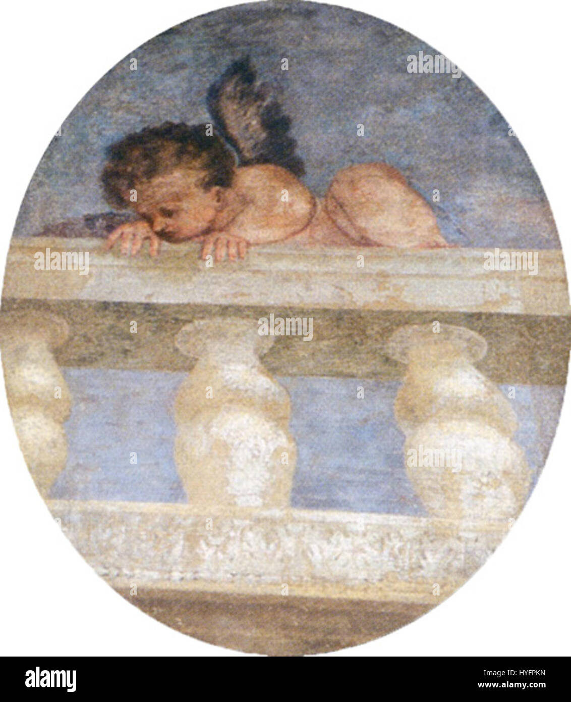 Paolo Caliari, connu sous le nom de Veronese, a collaboré avec Giambattista Zelotti à la création de l'œuvre d'art 'Putto su Balustra', mettant en valeur le style Renaissance. La pièce reflète la synergie artistique entre ces deux figures. Banque D'Images