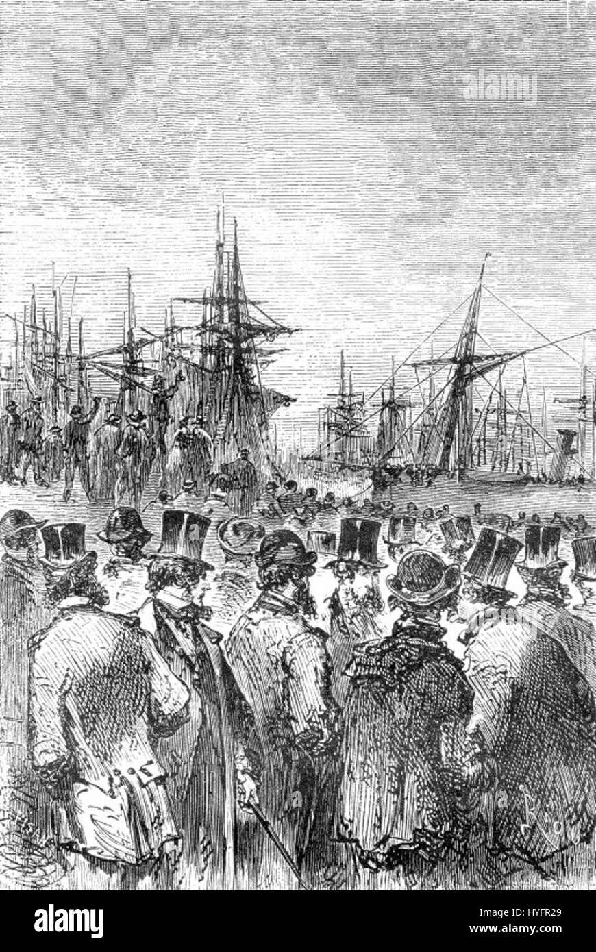 « Les Anglais au pôle Nord » est une illustration historique de Riou et Montaut, représentant une première expédition britannique dans l'Arctique. L'œuvre reflète les défis et l'esprit pionnier de l'exploration polaire au 19e siècle. Banque D'Images