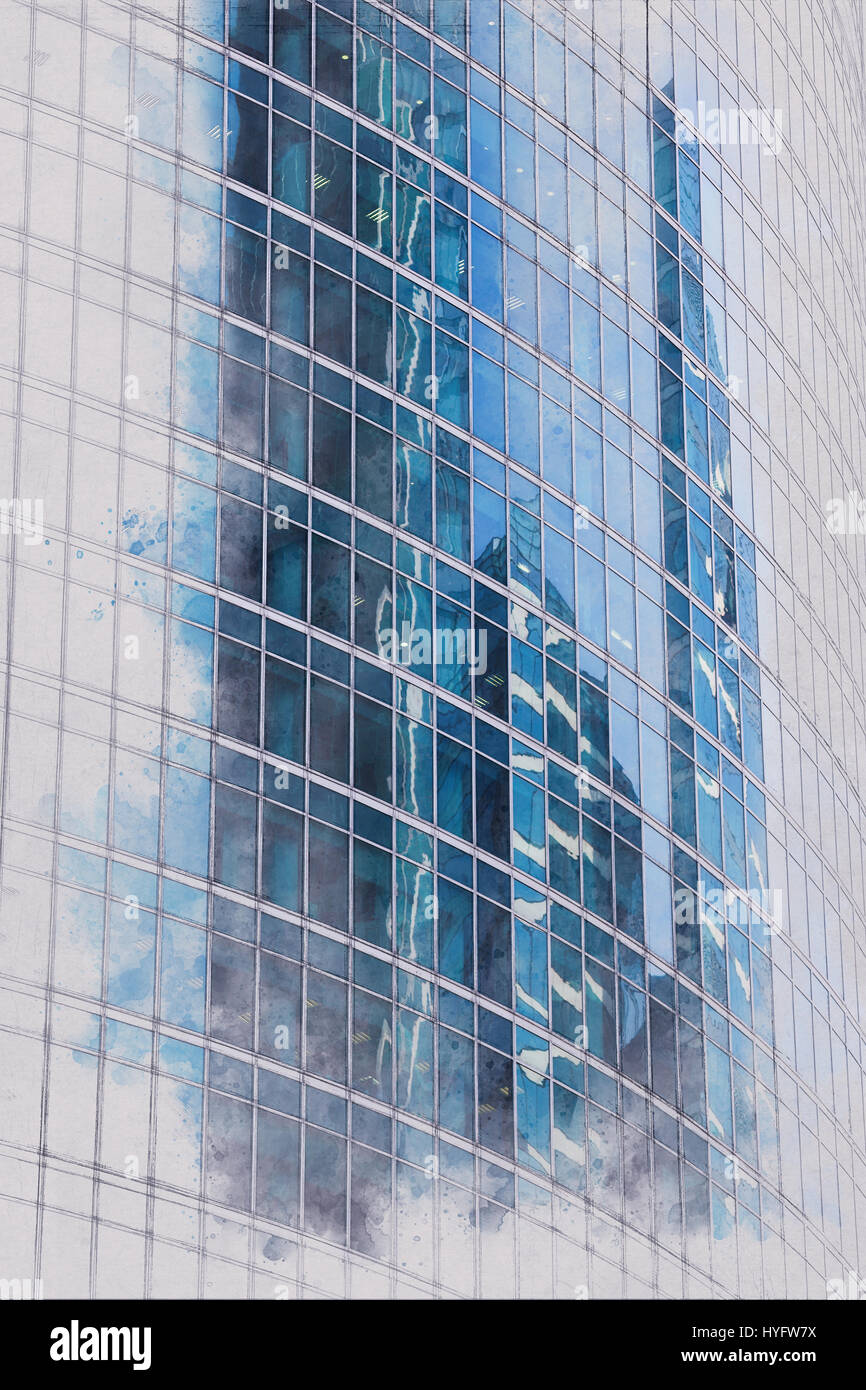 Le dessin architectural sur la vitre de l'immeuble de bureaux à proximité des gratte-ciel Banque D'Images