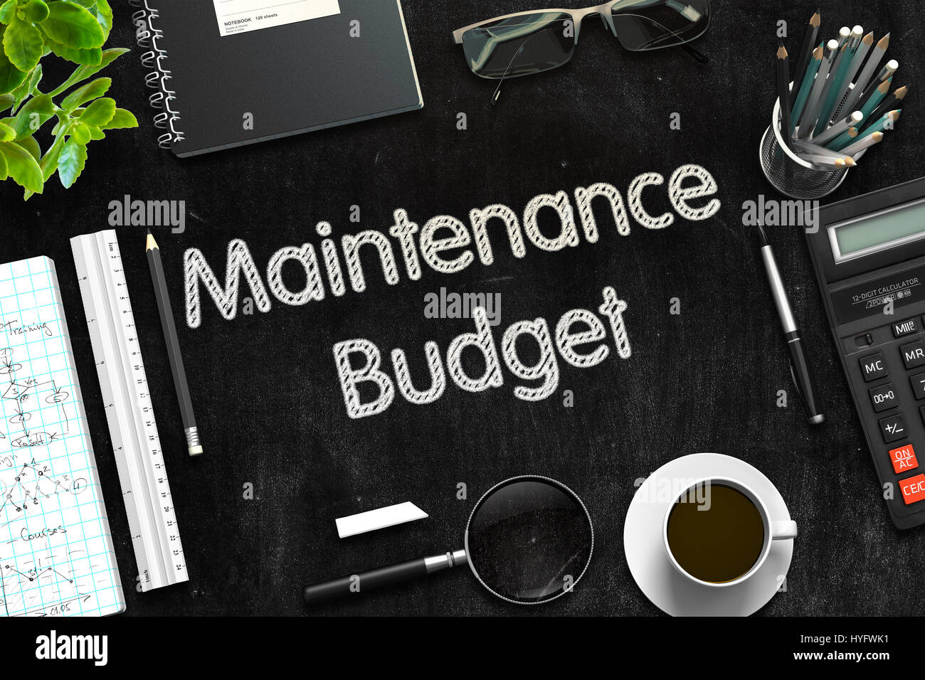 Budget de maintenance - Texte noir sur le tableau. Le Rendu 3D. Banque D'Images