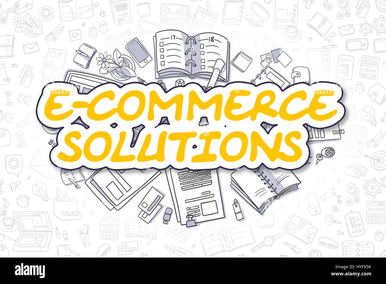 Solutions E-Commerce - Doodle mot jaune. Concept d'entreprise. Banque D'Images