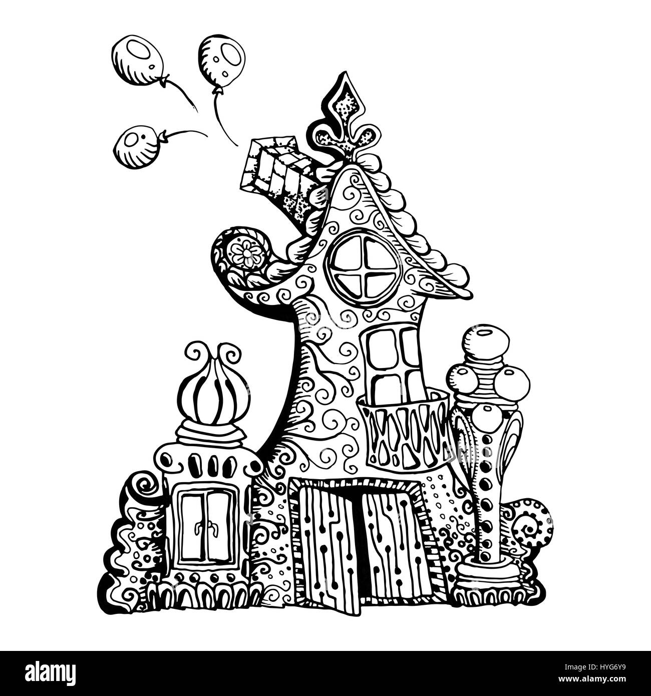 Originaux faits à la main style doodle fairy house. Peut être utilisé pour la conception de pages de coloriage pour enfants. Illustration de Vecteur