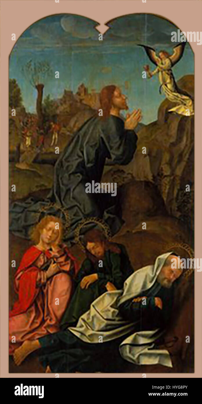 Cristo no Horto (Christ dans le jardin) représente le moment où Jésus prie dans le jardin de Gethsémani avant son arrestation. Cette scène biblique est un sujet commun dans l'art chrétien, mettant l'accent sur l'angoisse et la soumission divine du Christ. Banque D'Images